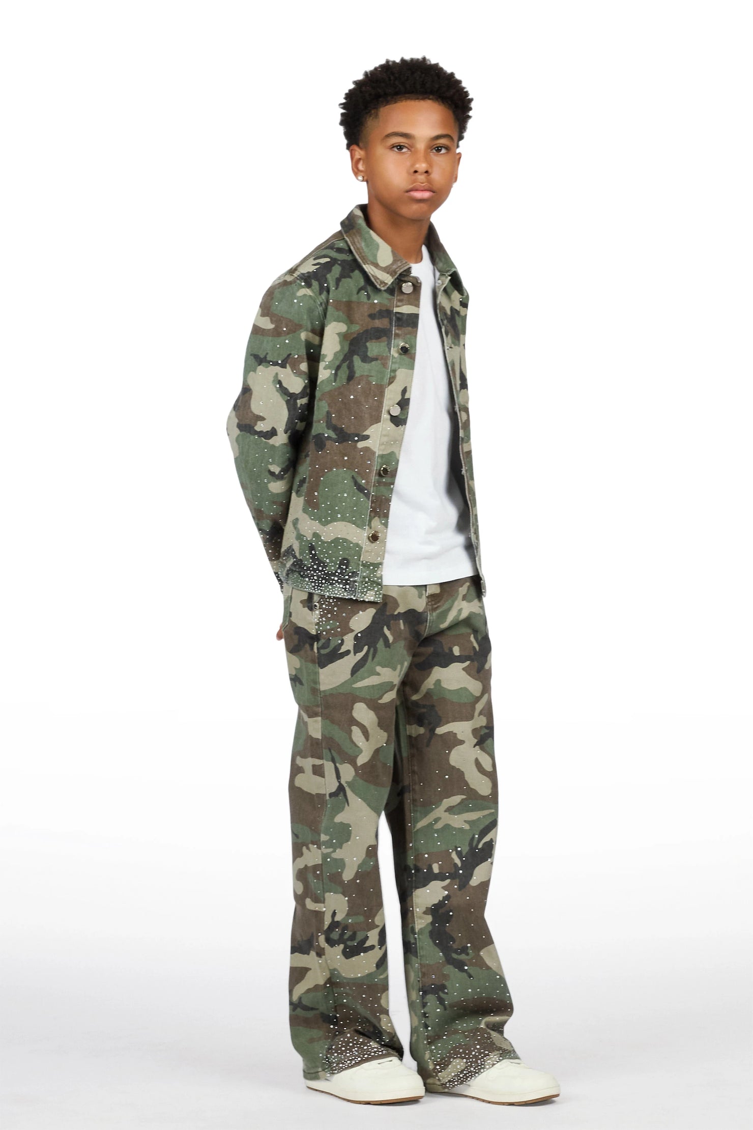 Boys Xyler Green Camo Rhinestone Button Down Shirt/Relaxed Jean Set