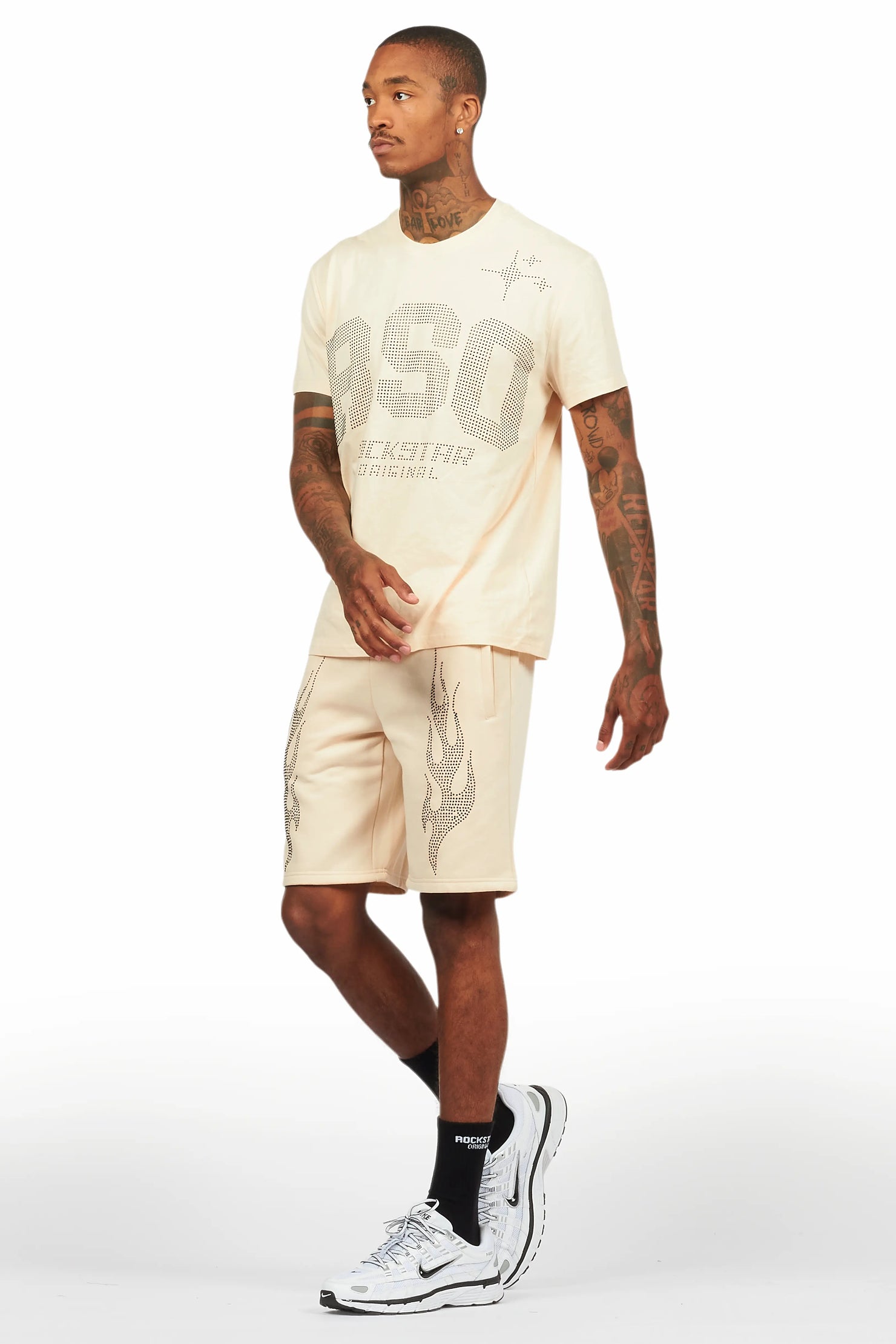 Bellamy Beige/Black Rhinestone Tee Short Set