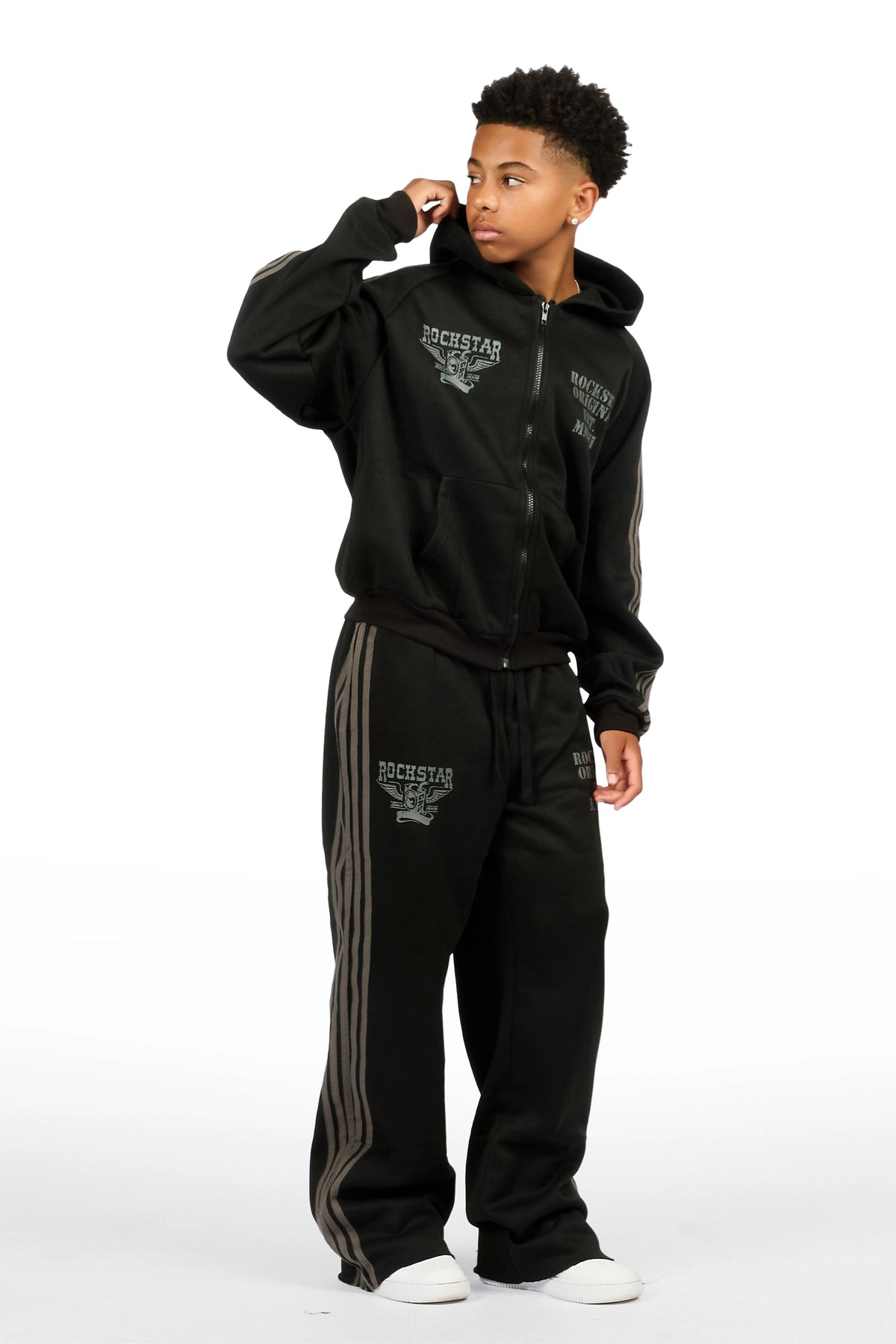 Boys Manier Black/Grey Zip Up Hoodie Relaxed Pant Track Set