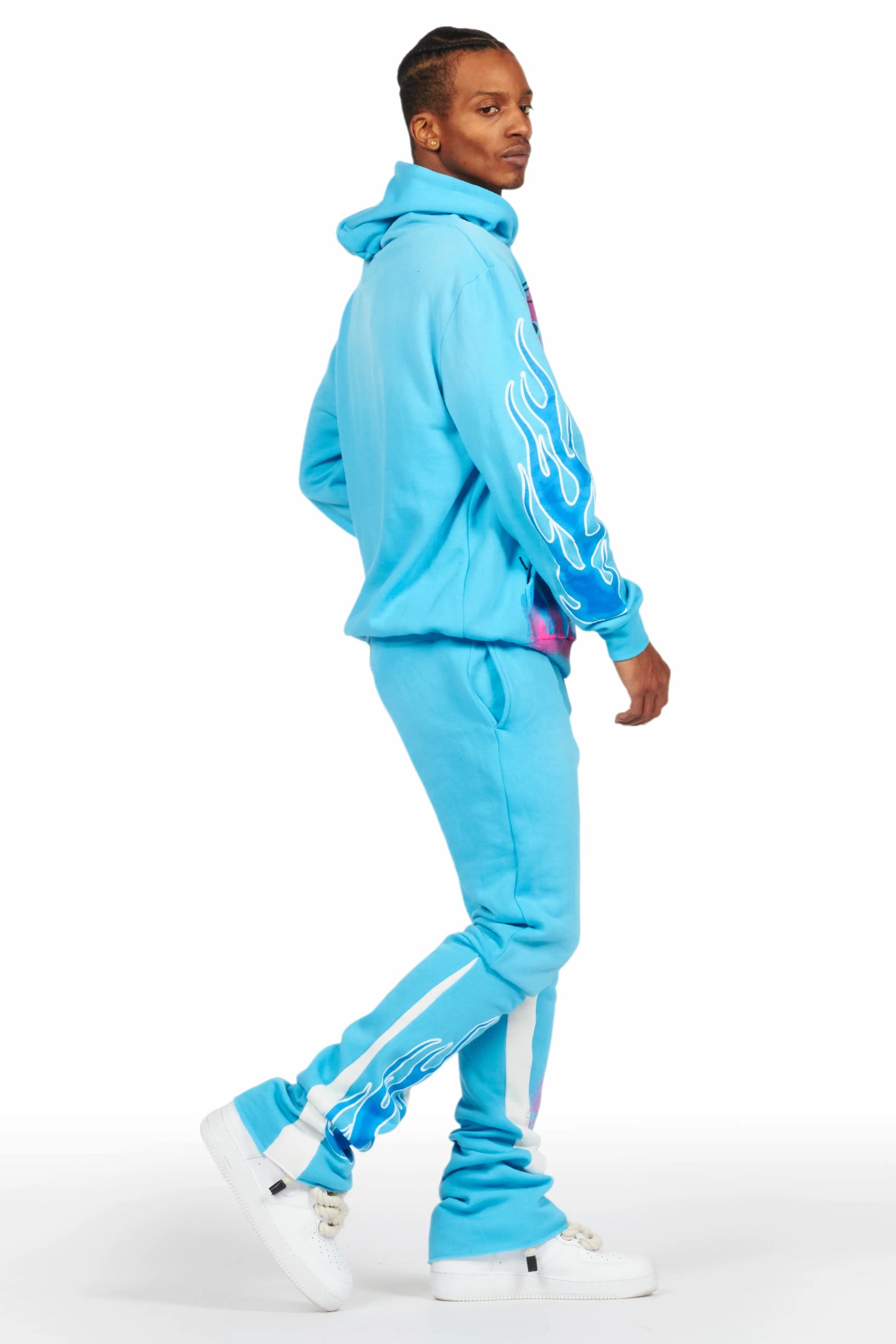 Beno Blue Stacked Flare Hoodie Track Set