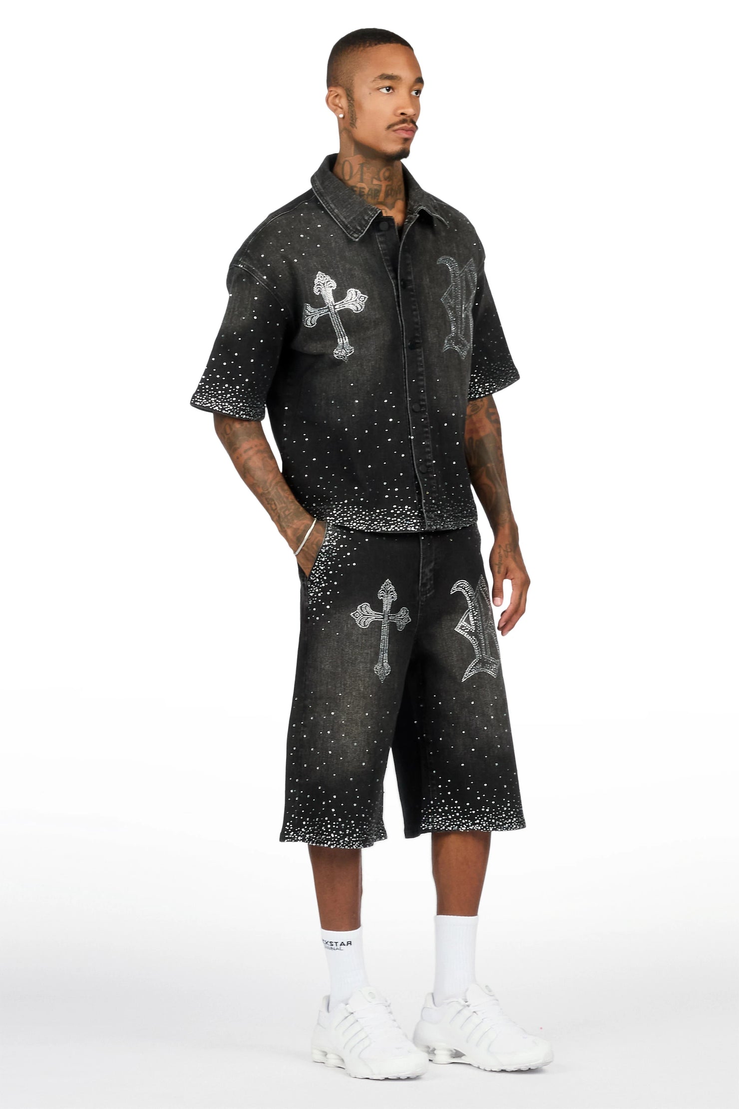 Clemente Black Rhinestone Button Down Shirt Jort Set