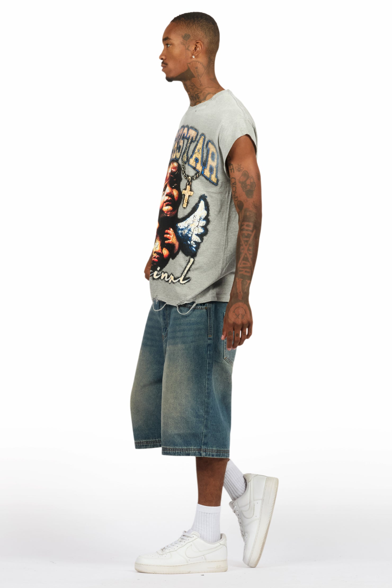 Deiter Heather Grey Muscle Tee/Denim Jort Set