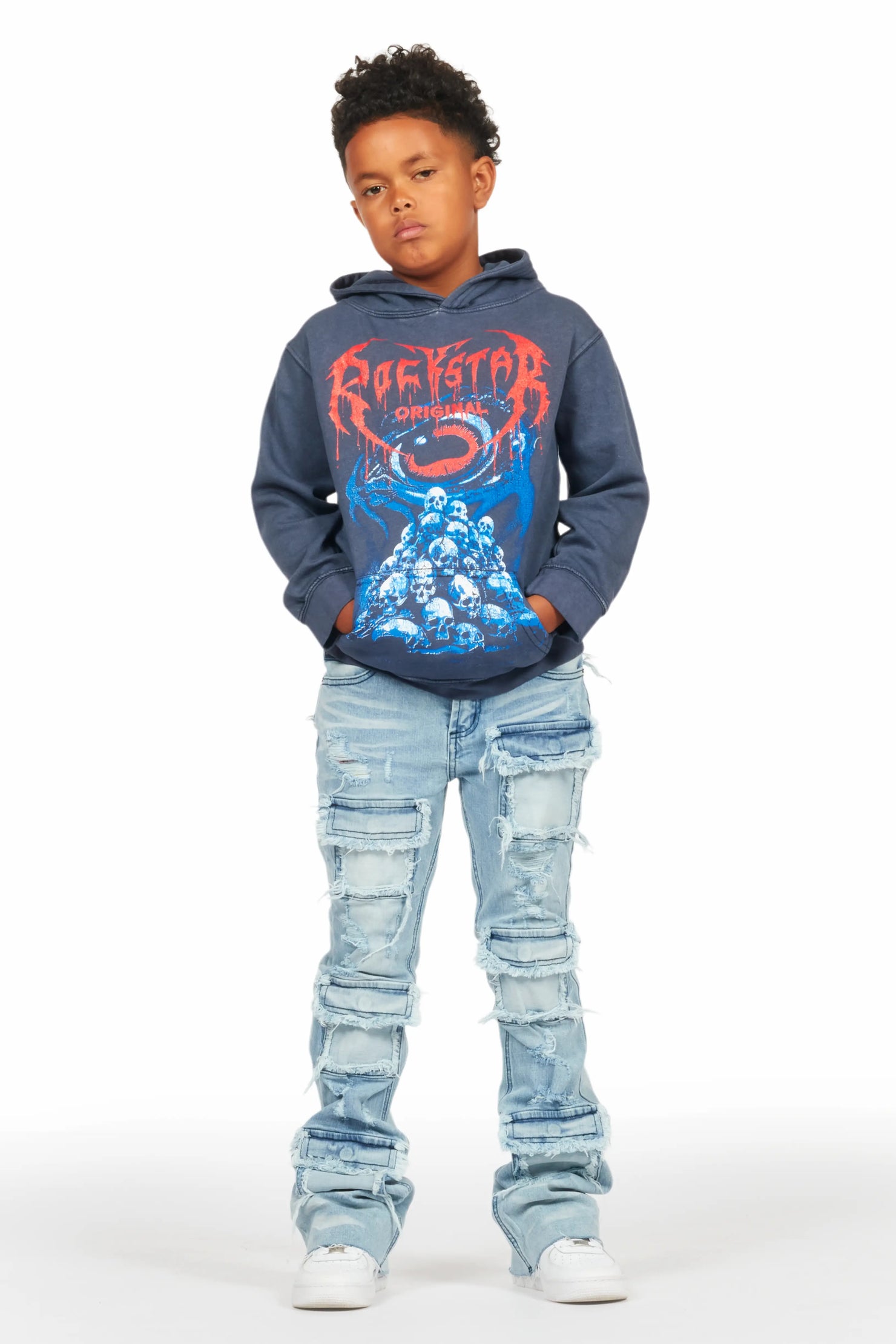Boys Vicious Vintage Navy Hoodie/Stacked Flare Jean Set
