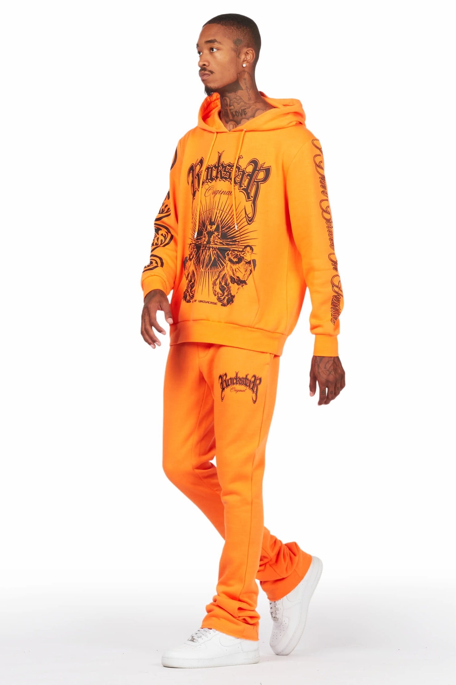 Yarden Orange Graphic Hoodie/Stacked Flare Pant Track Set