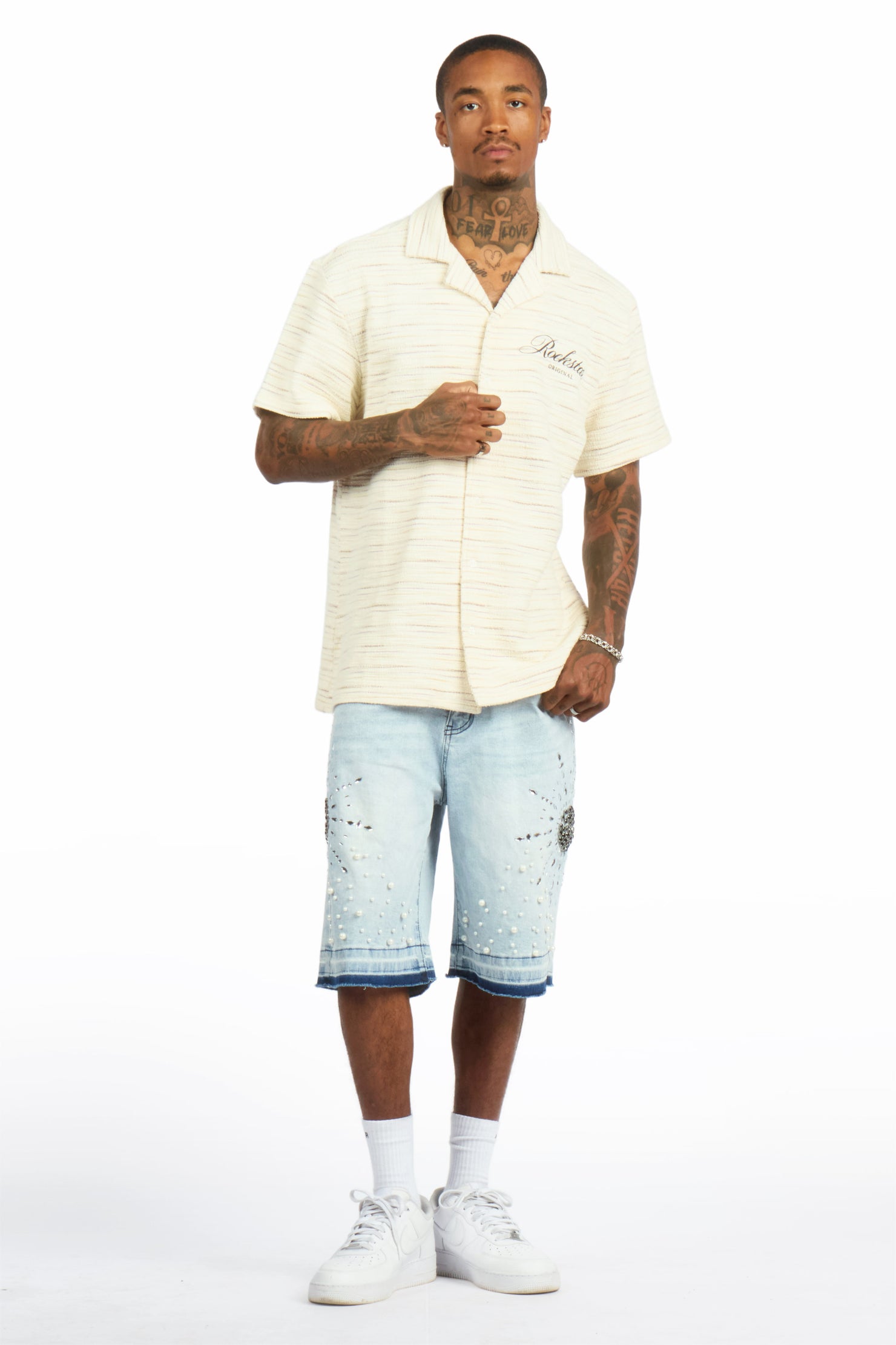 Tryst Light Blue Rhinestone Denim Short