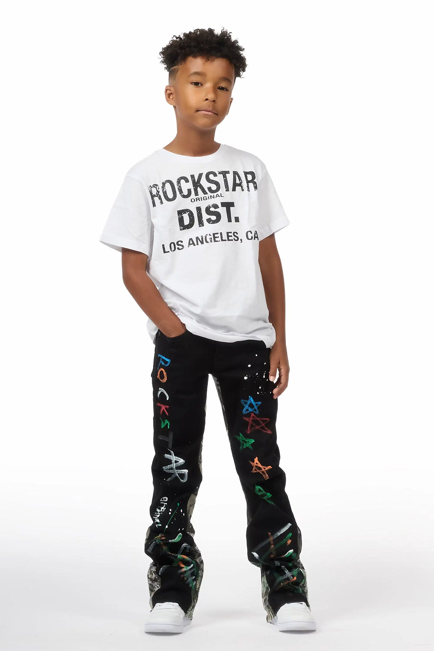 Boys Strass Black Painted Stacked Flare Jean