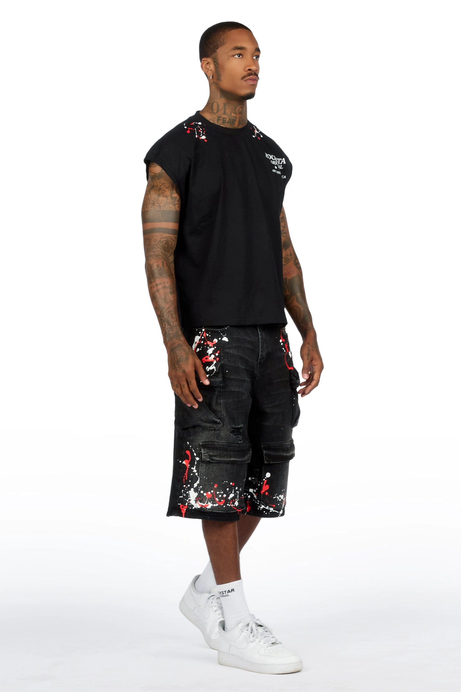 Saxon Black Graphic Cut Sleeve T-Shirt Denim Short Set