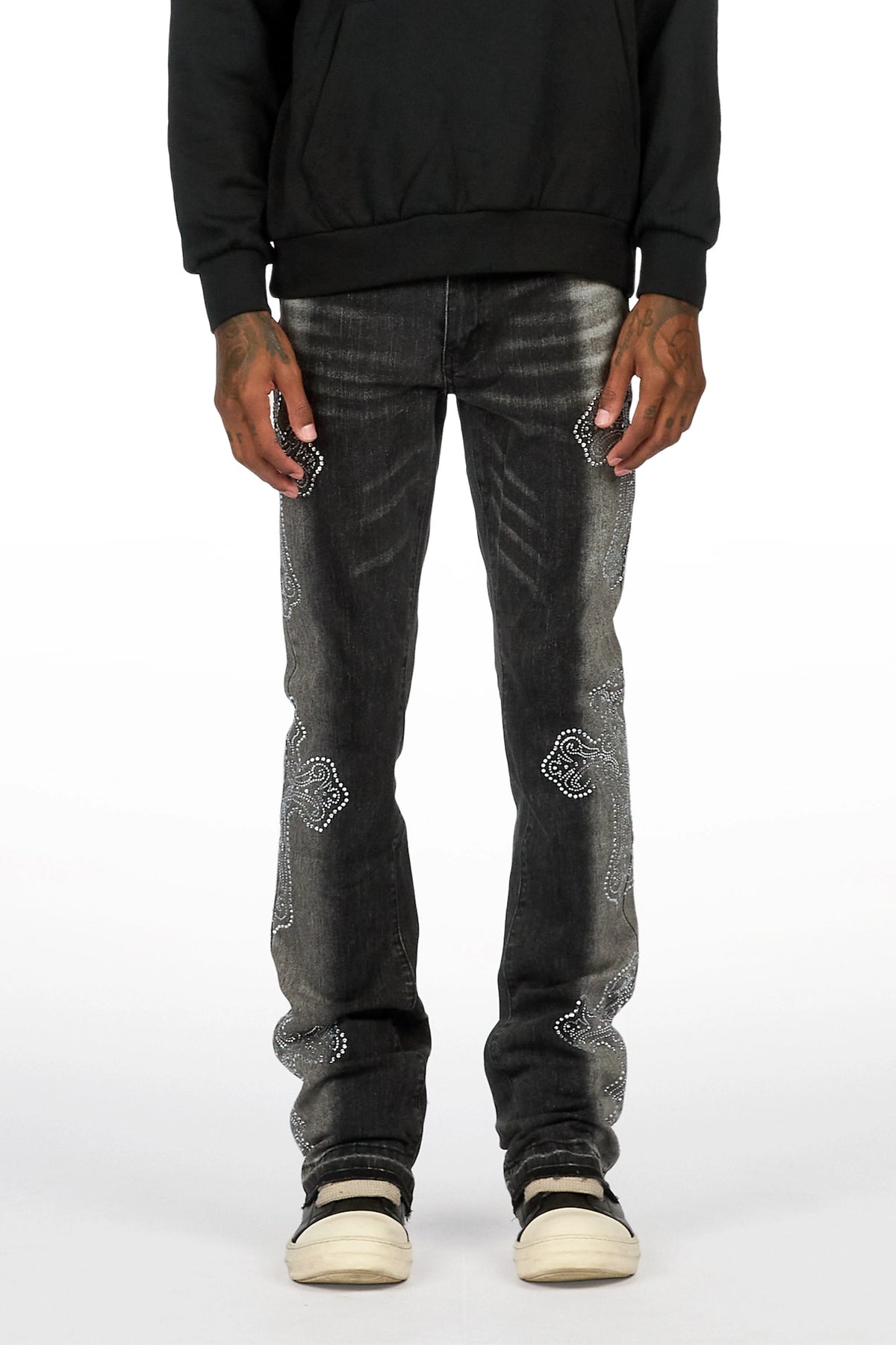 Reggie Dark Grey Rhinestone Stacked Flare Jean