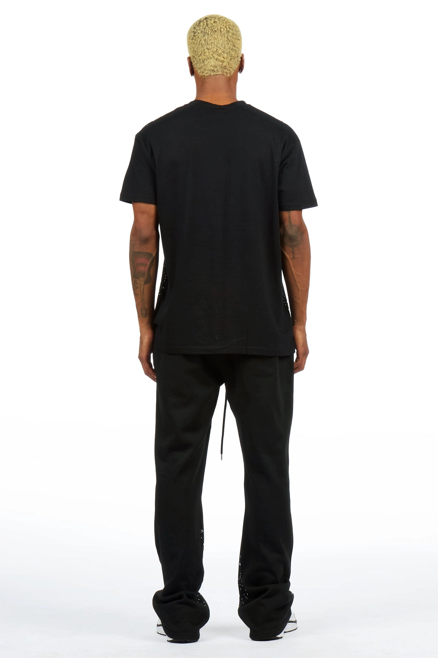 Malykz Black/Black Rhinestone T-shirt/Stacked Flare Track Pant Set