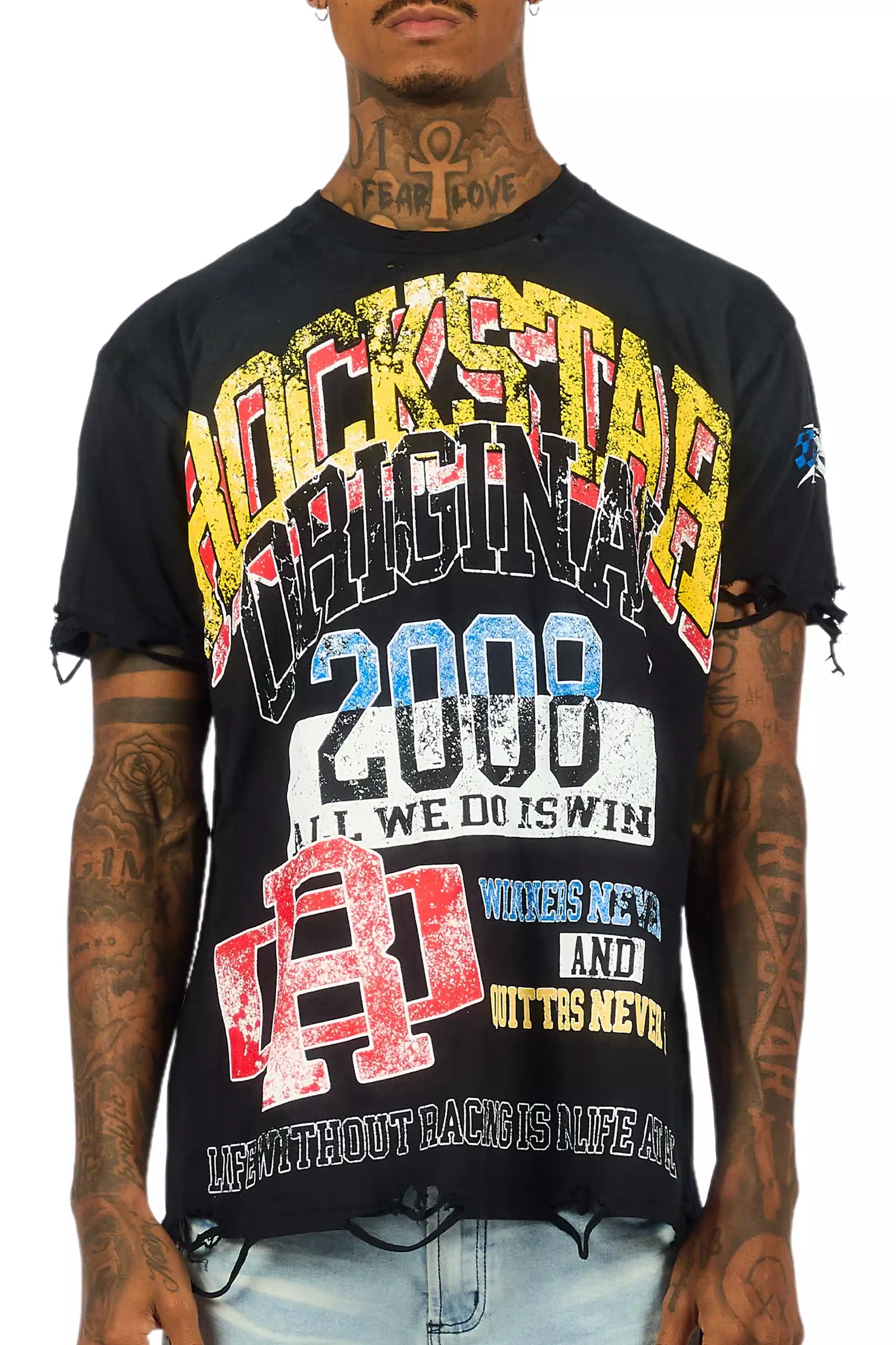 Colorful Race Black Oversized Distressed Graphic T-Shirt