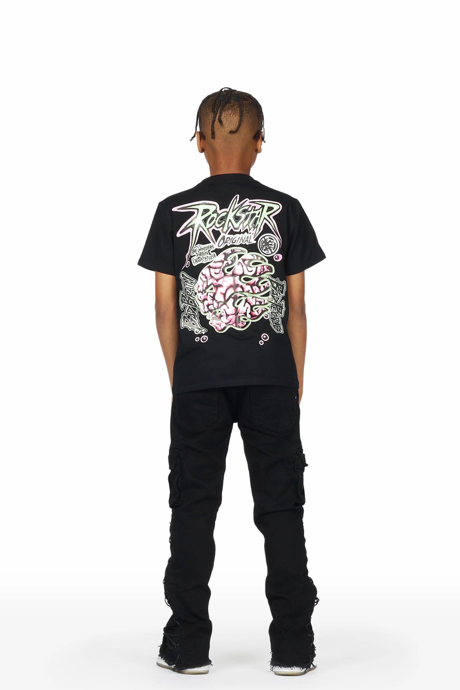 Boys Raine Black T-Shirt/Stacked Flare Cargo Jean