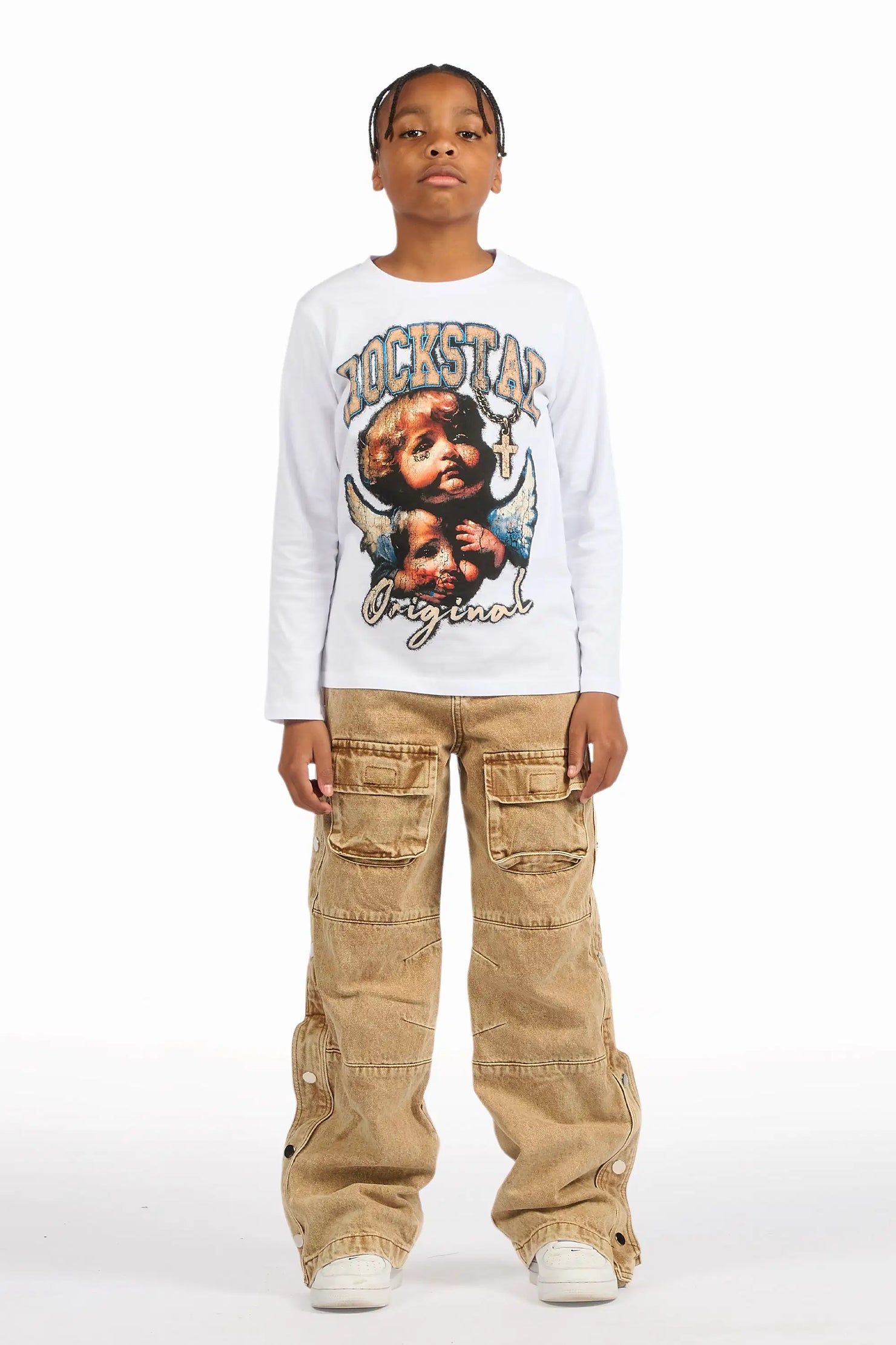 Boys Yuri Beige Baggy Fit Cargo Jean
