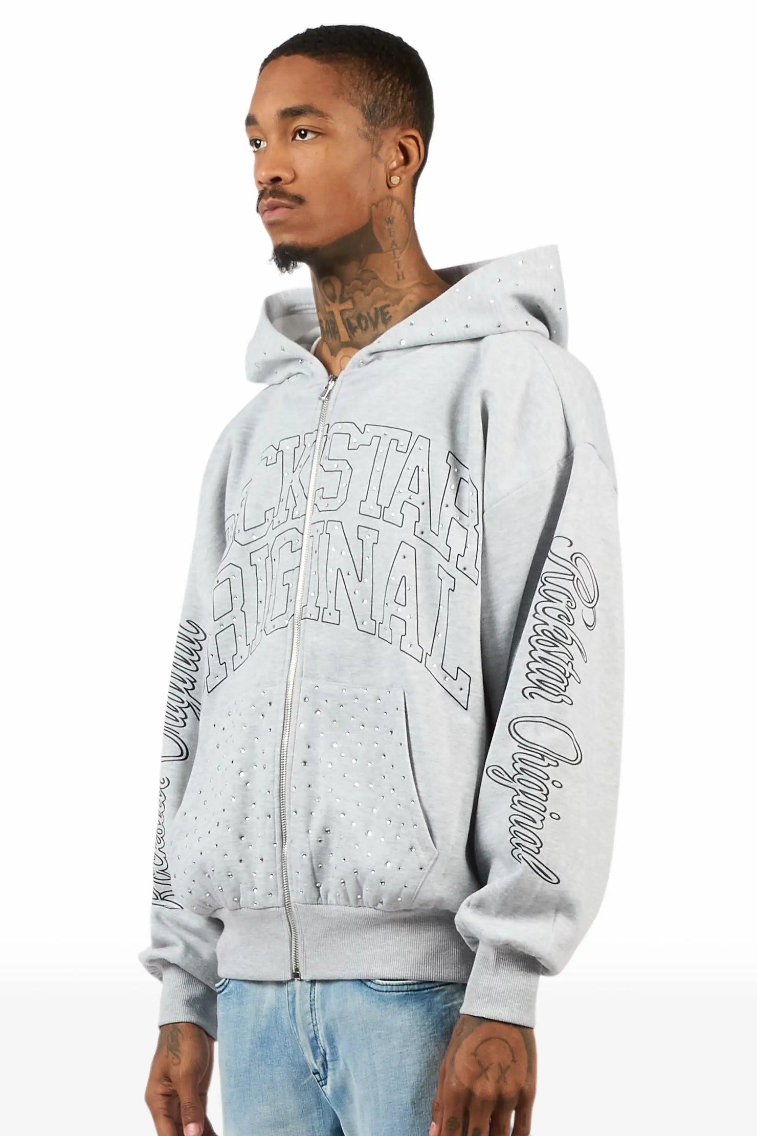 Dripped Heather Grey Rhinestone Hoodie