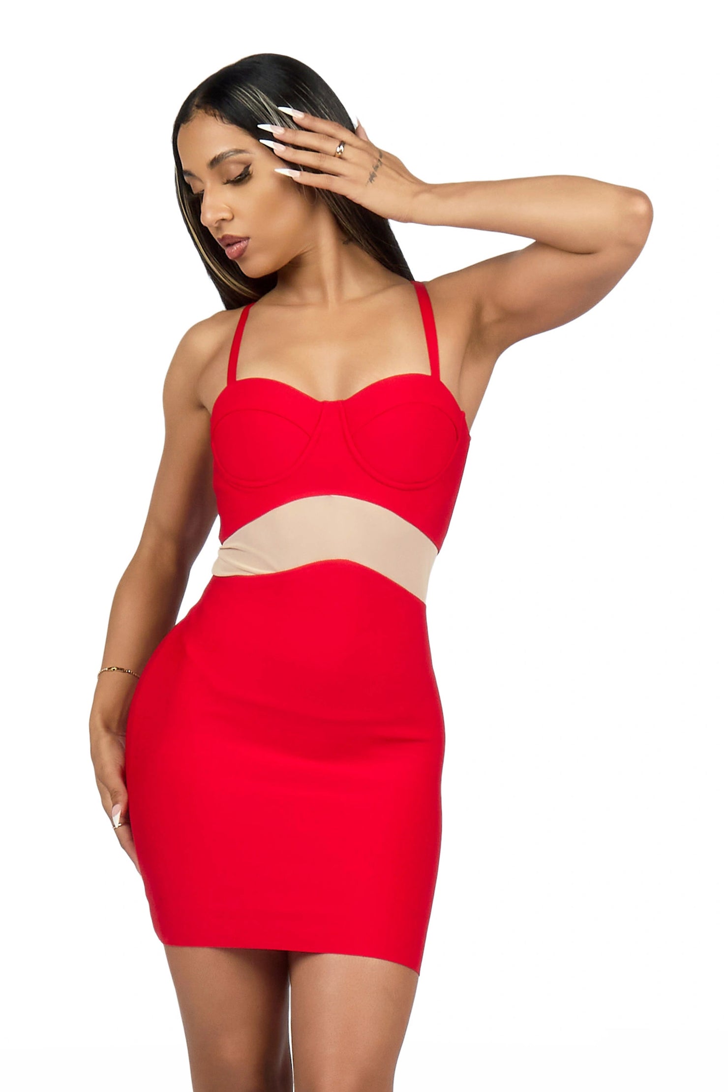 Peek-a-boo Red Mesh Waist Bandage Mini Dress