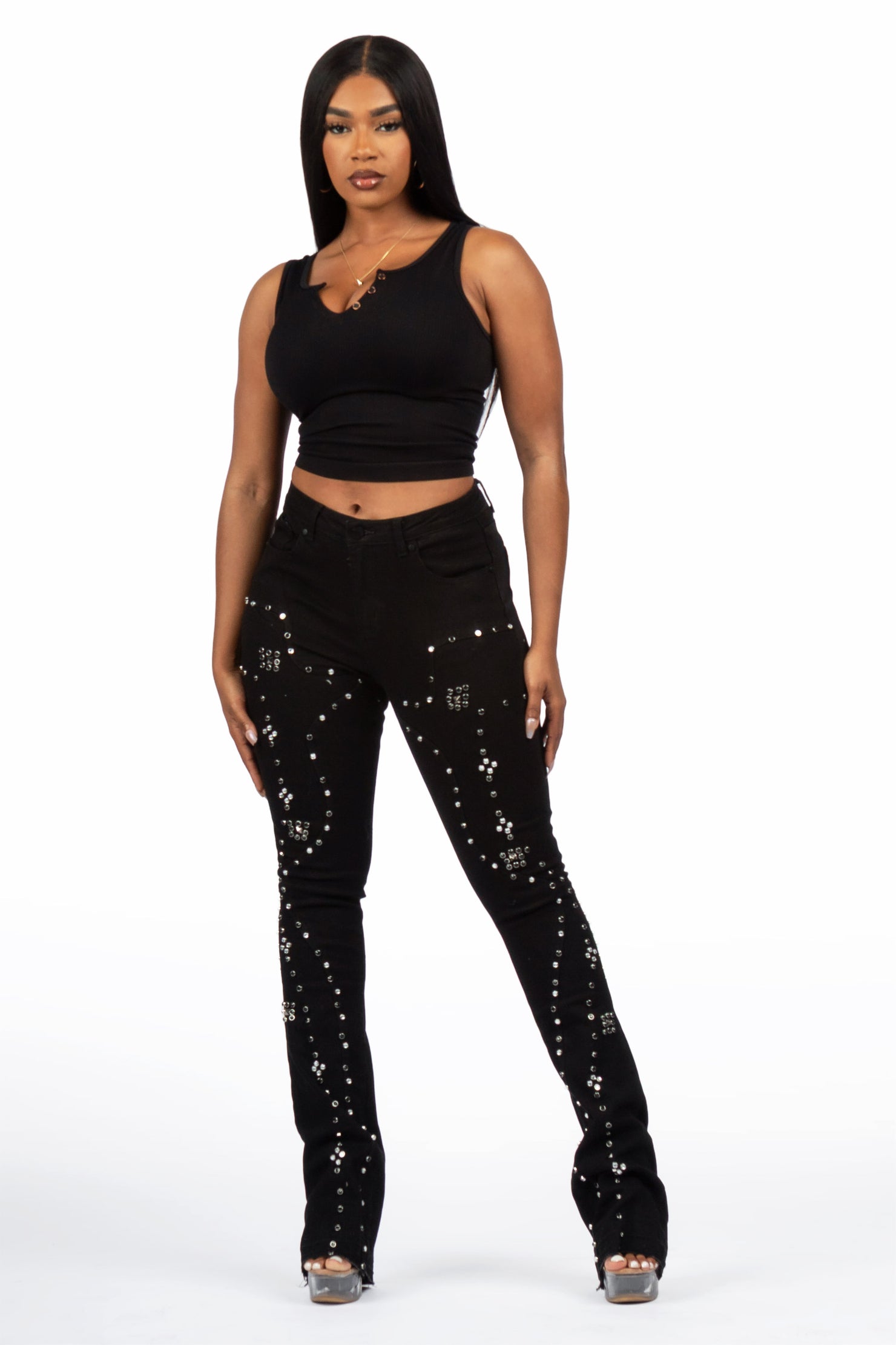 Inesia Black Studded Stacked Flare Jean