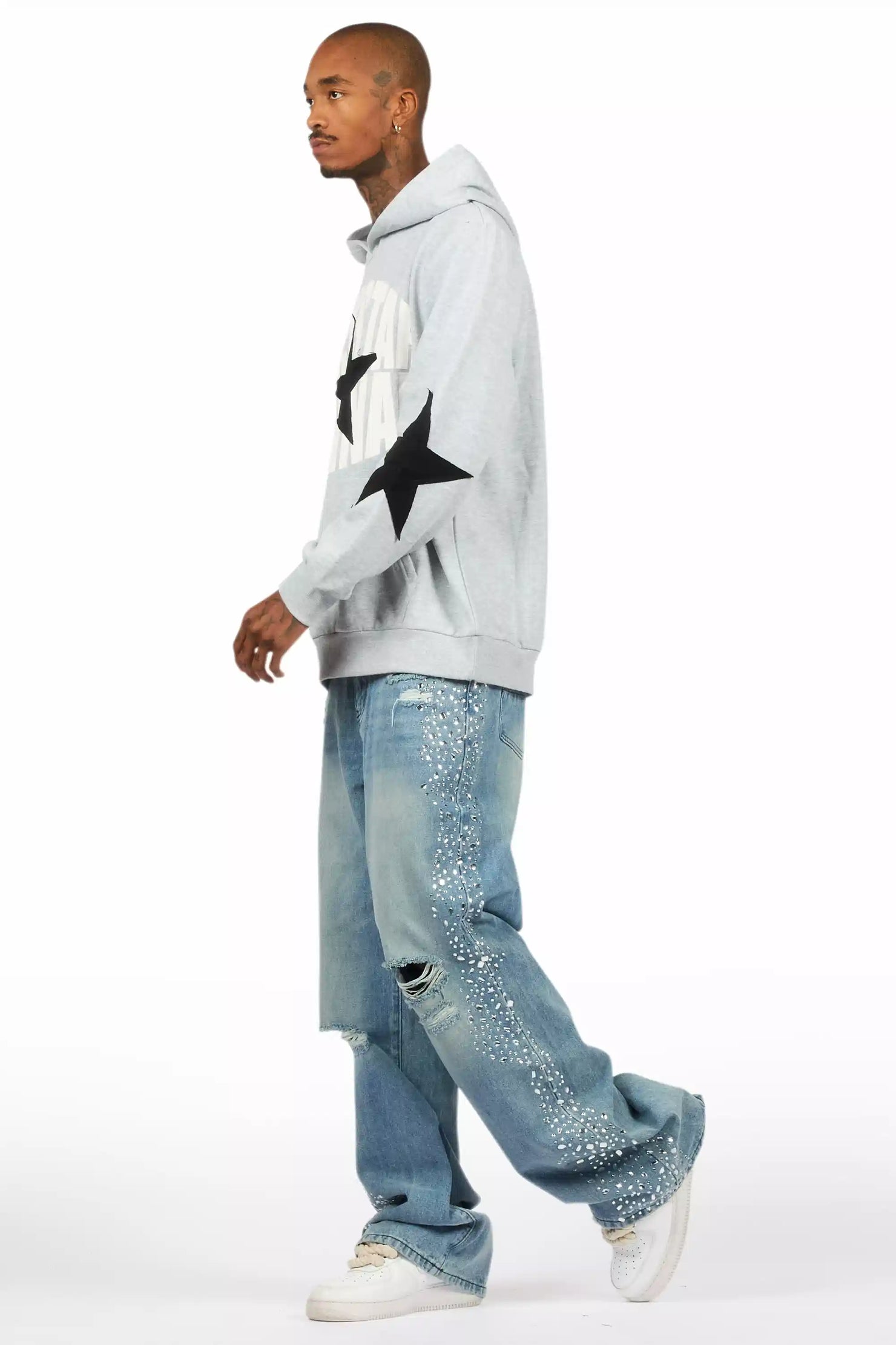 Bolor Blue Rhinestone Baggy Jean