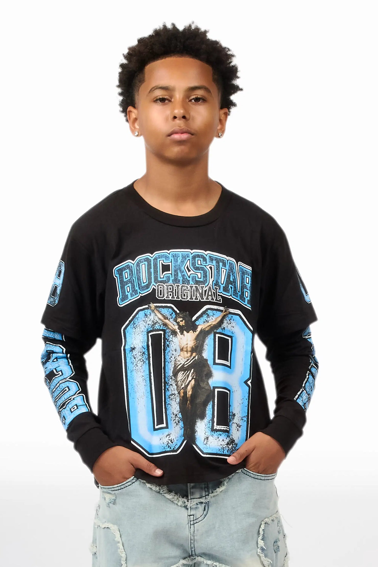 Boys Fields Black/Blue Double Layer L/S Graphic T-Shirt