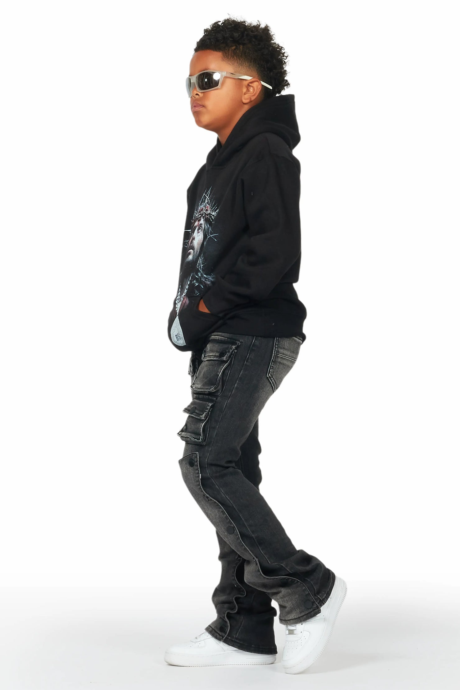 Boys Daman Black Hoodie/Stacked Flare Jean Set