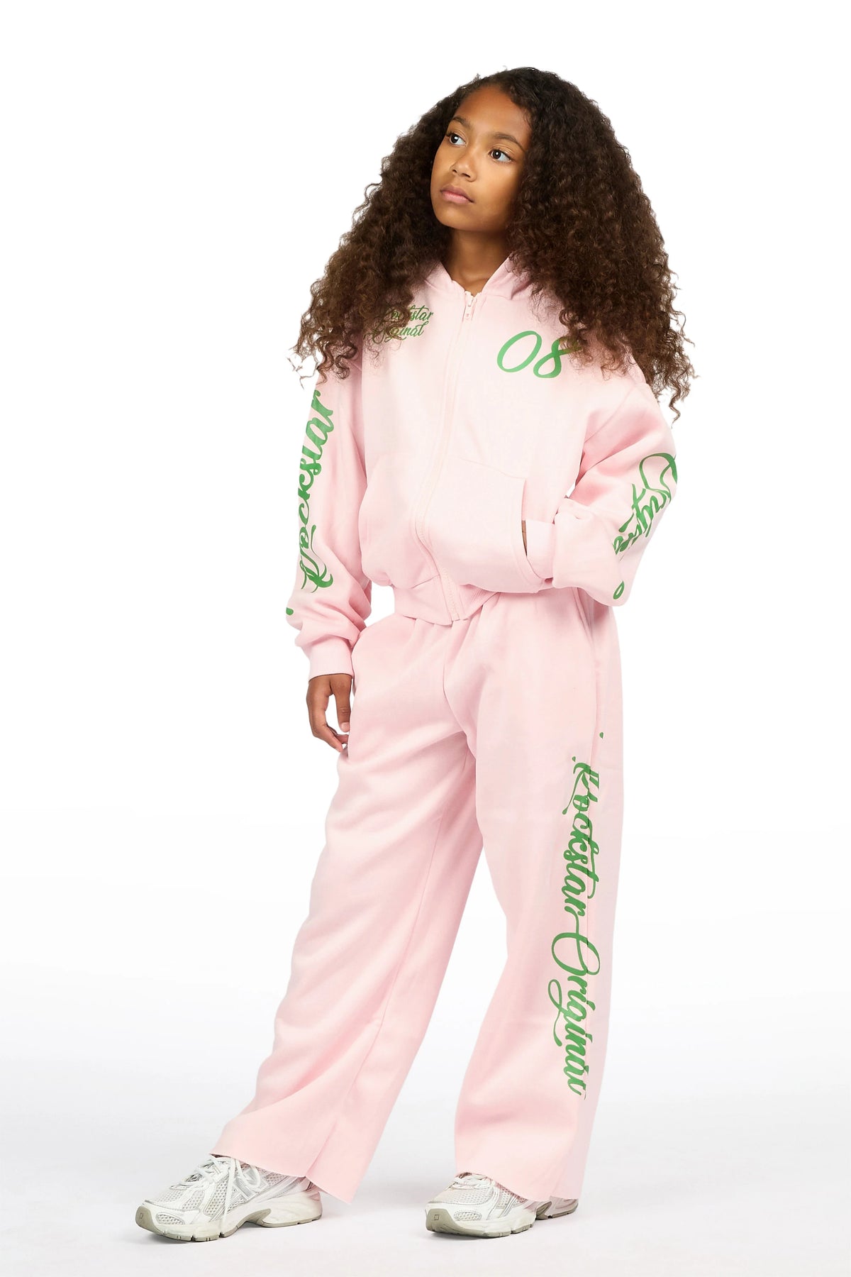 Girls Hanifa Light Pink/Green Zip Up Hoodie Relaxed Pant Track Set