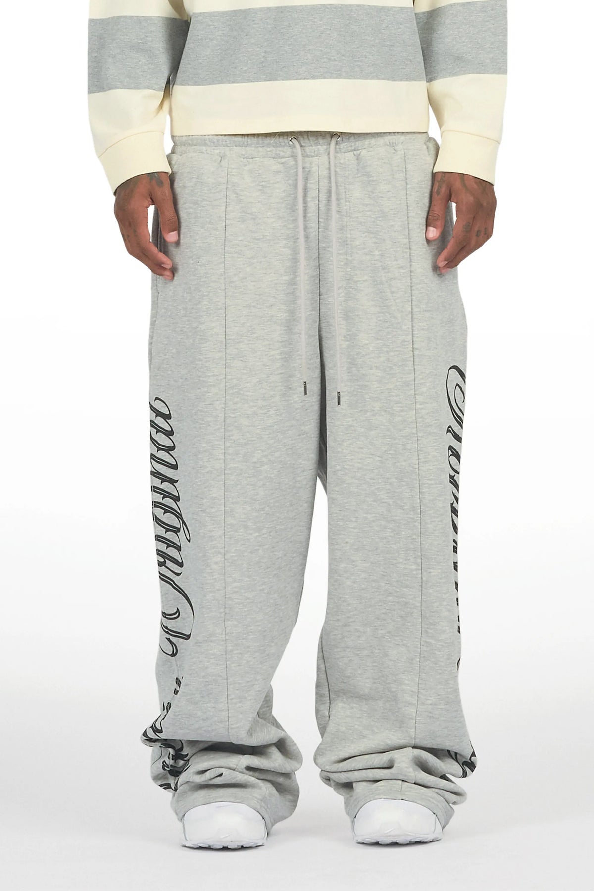 Ivola Heather Grey Double Waisted Baggy Fit Pant