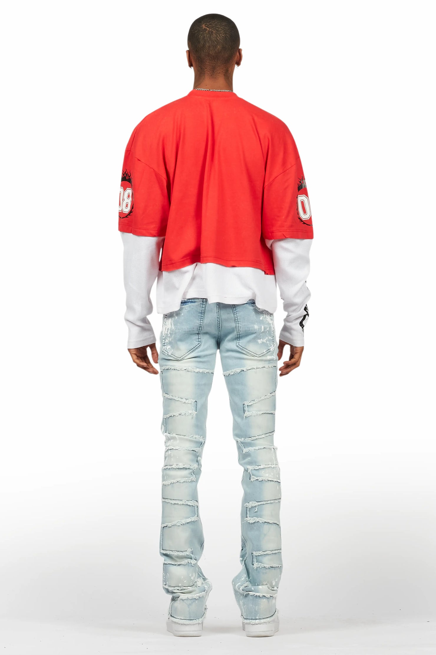 Kodak Blue/White Painter Stacked Flare Fringe Jean