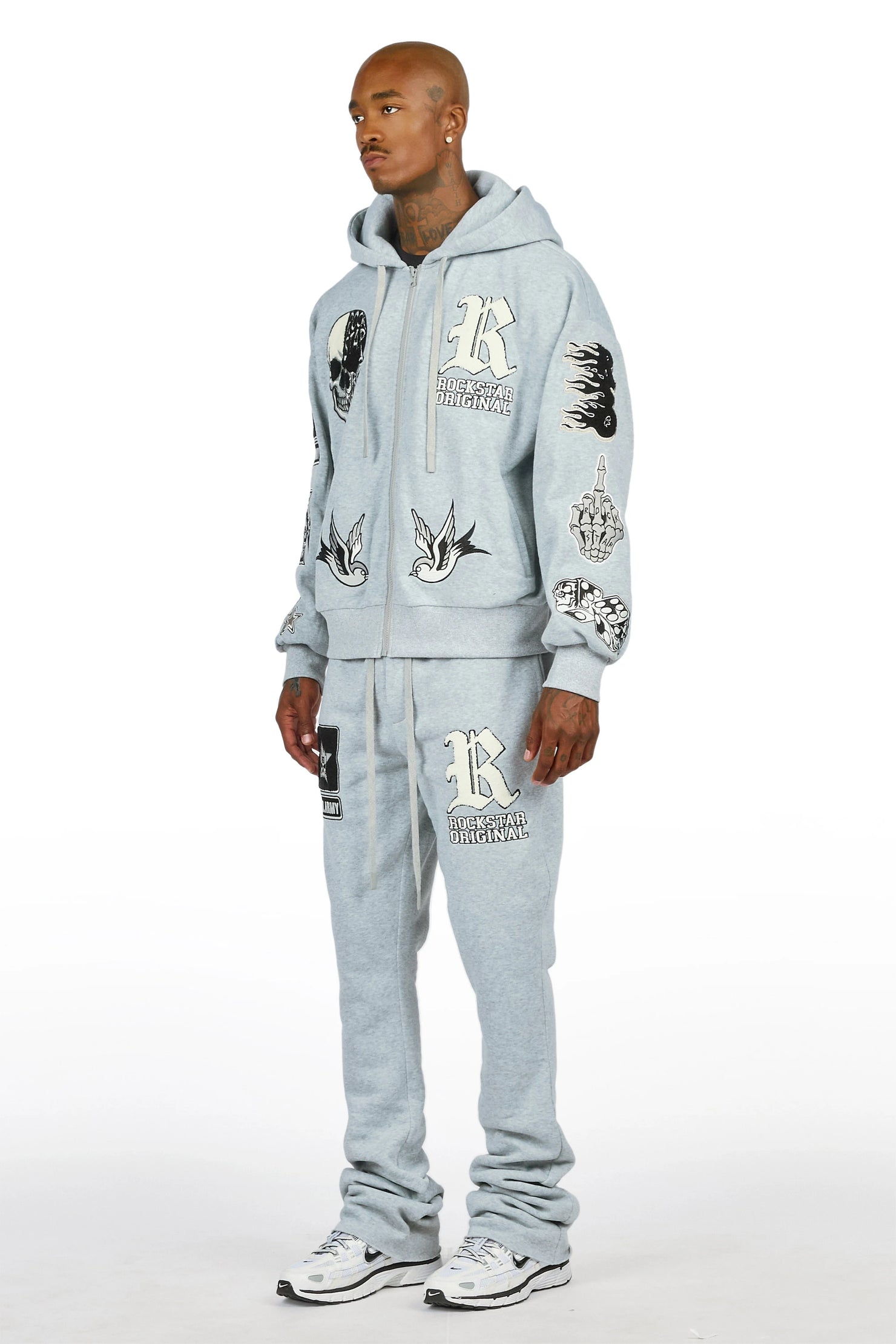 Vidar Heather Grey Zip Up Hoodie Stacked Track Set