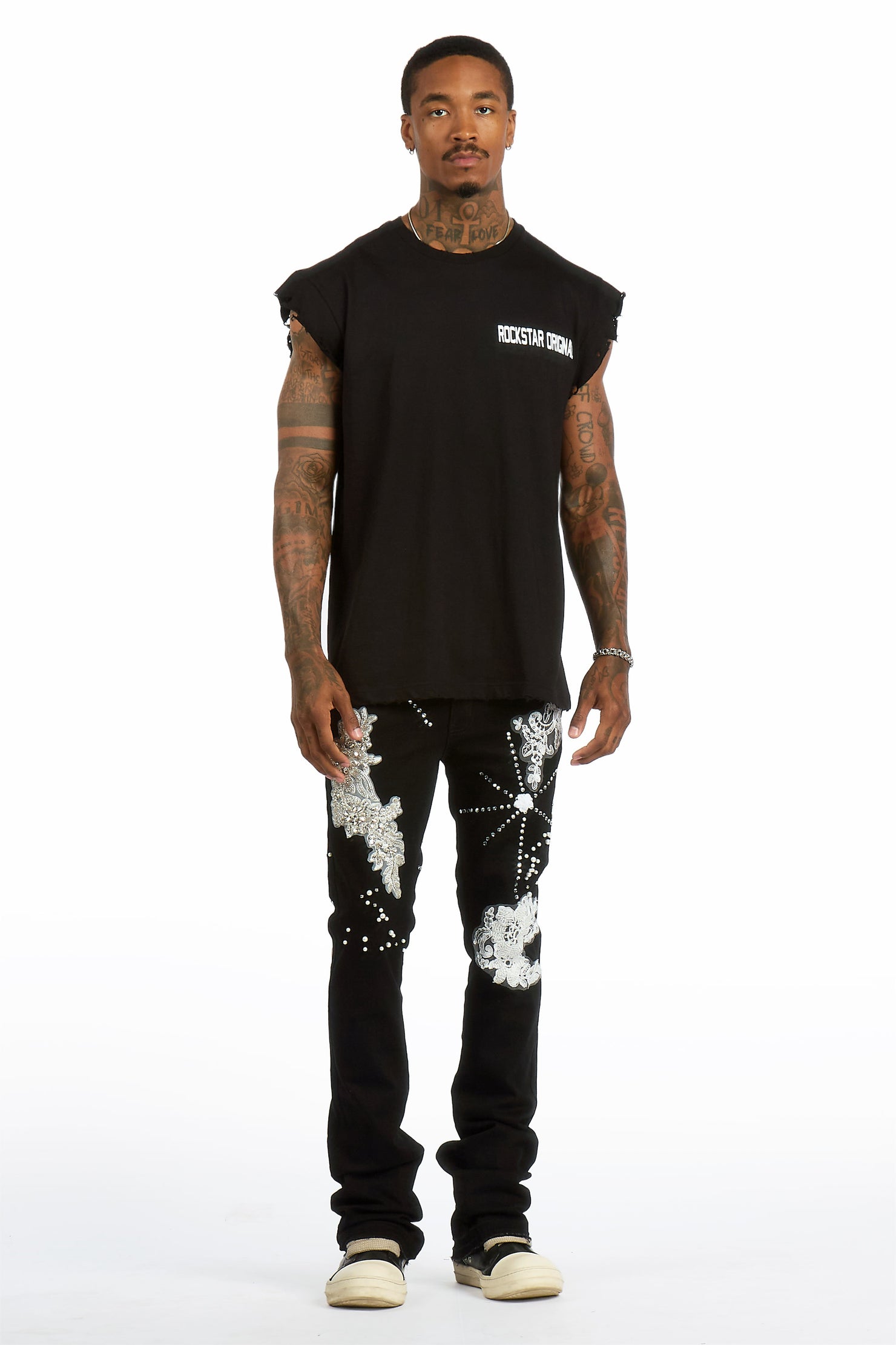Yezen Black Rhinestone Stacked Fit Jean