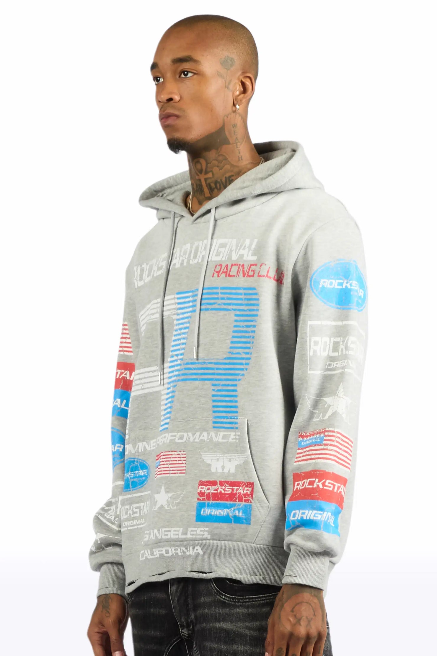 Rso Racing Club Heather Grey Distressed Graphic Relaxed Hoodie