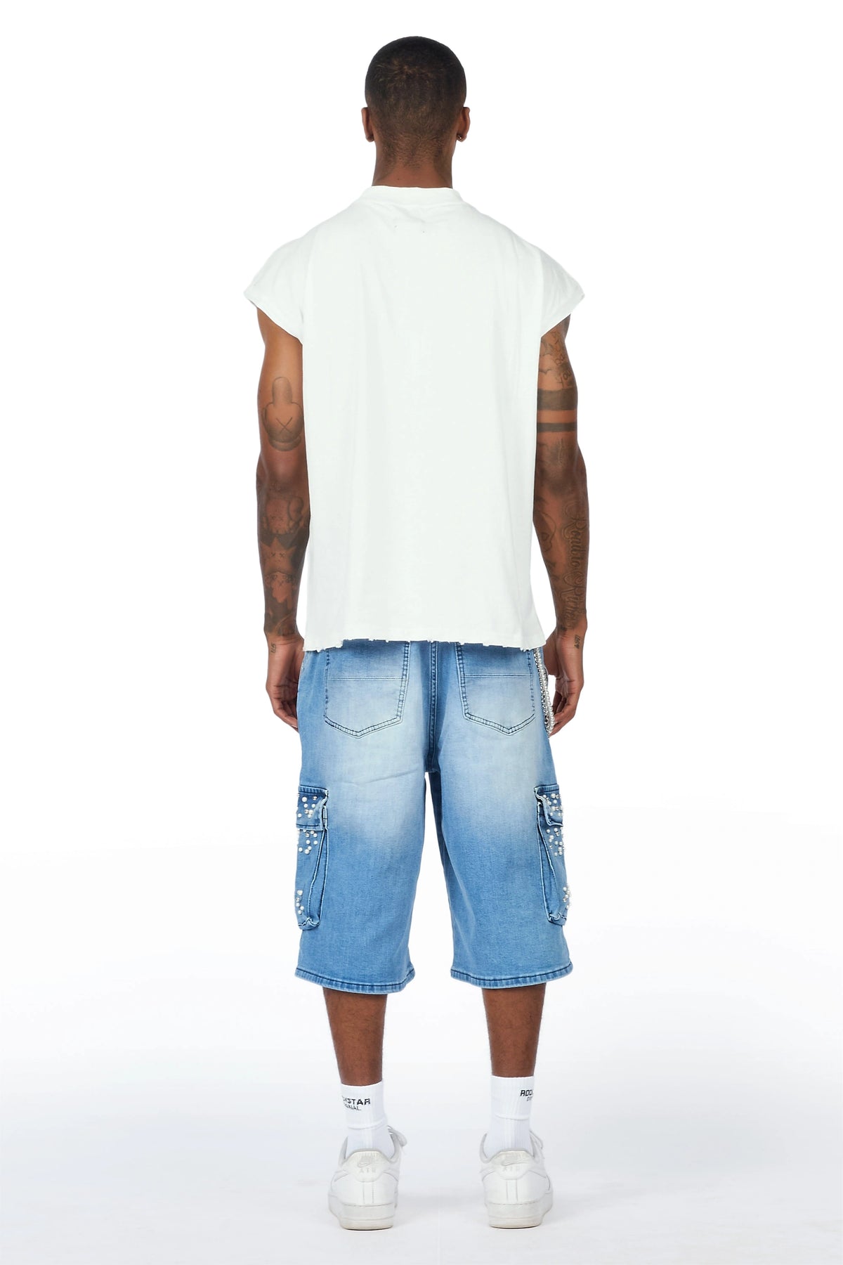 Teo Blue Rhinestone Cut Sleeve T-Shirt Denim Jort Set