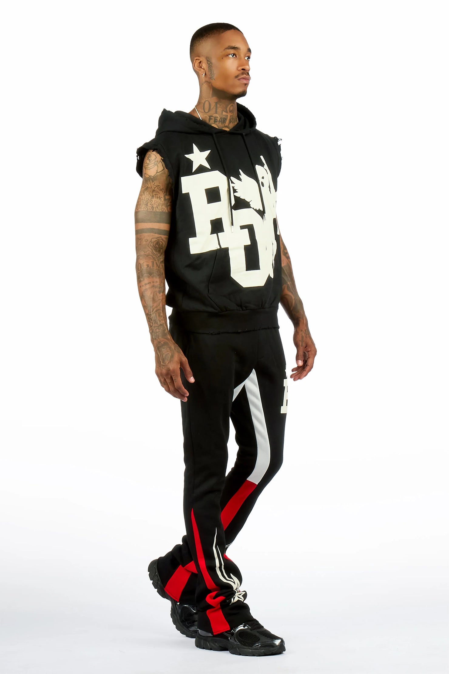 Pluton Black/Red Cut Sleeve Hoodie/Stacked Flare Track Set