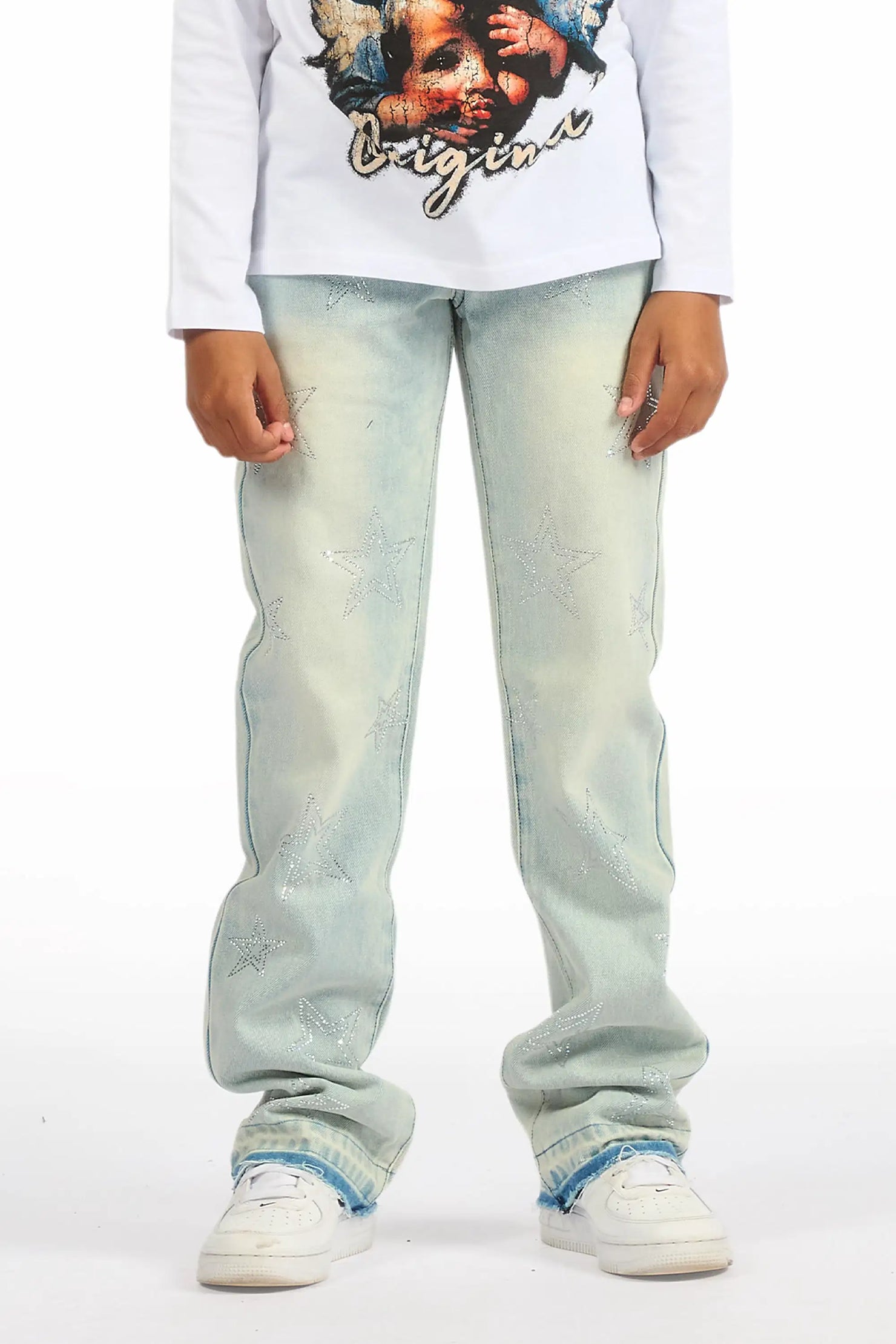 Boys Kama Light Blue Rhinestone Stacked Flare Jean