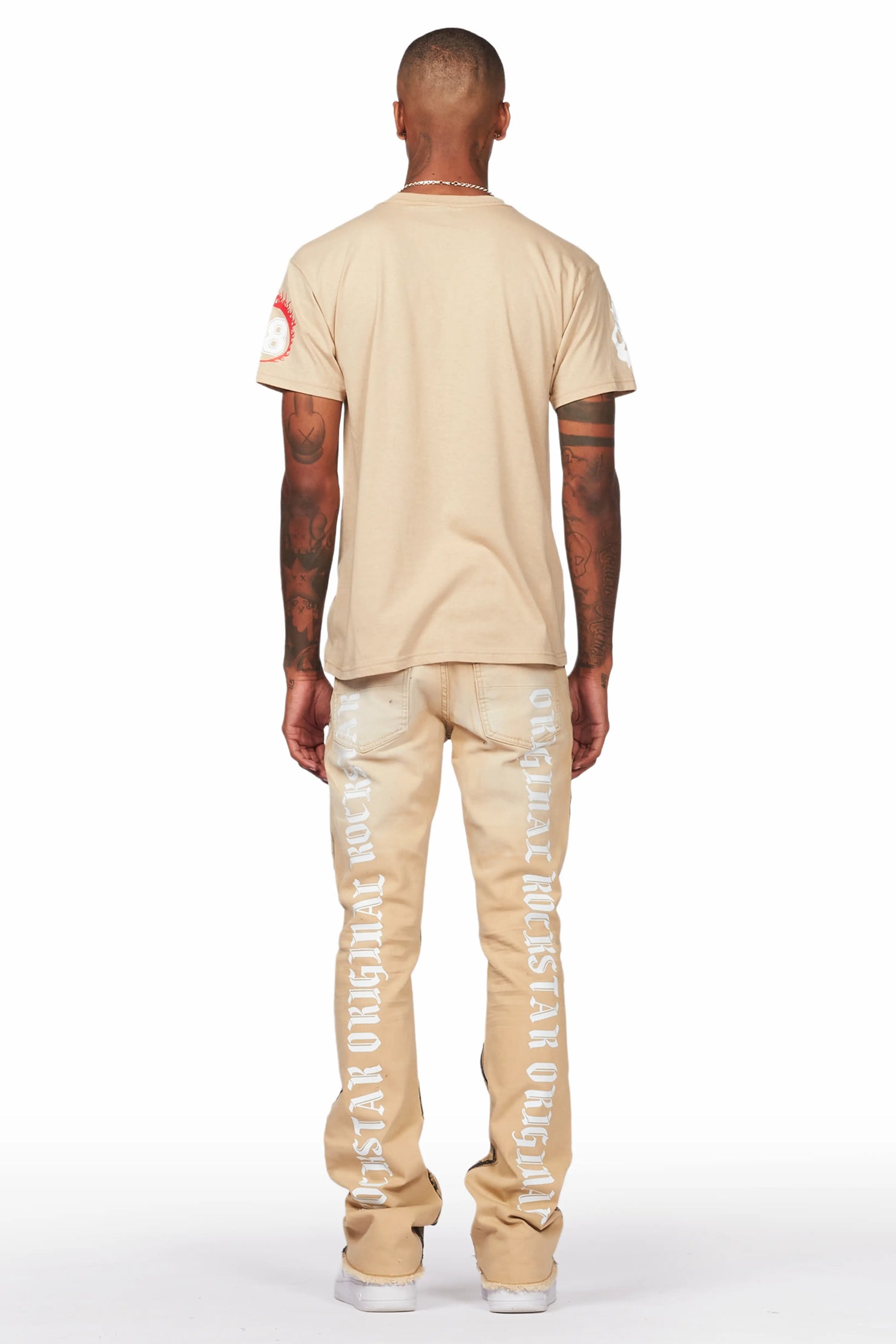 Reki Beige Painter Stacked Flare Jean