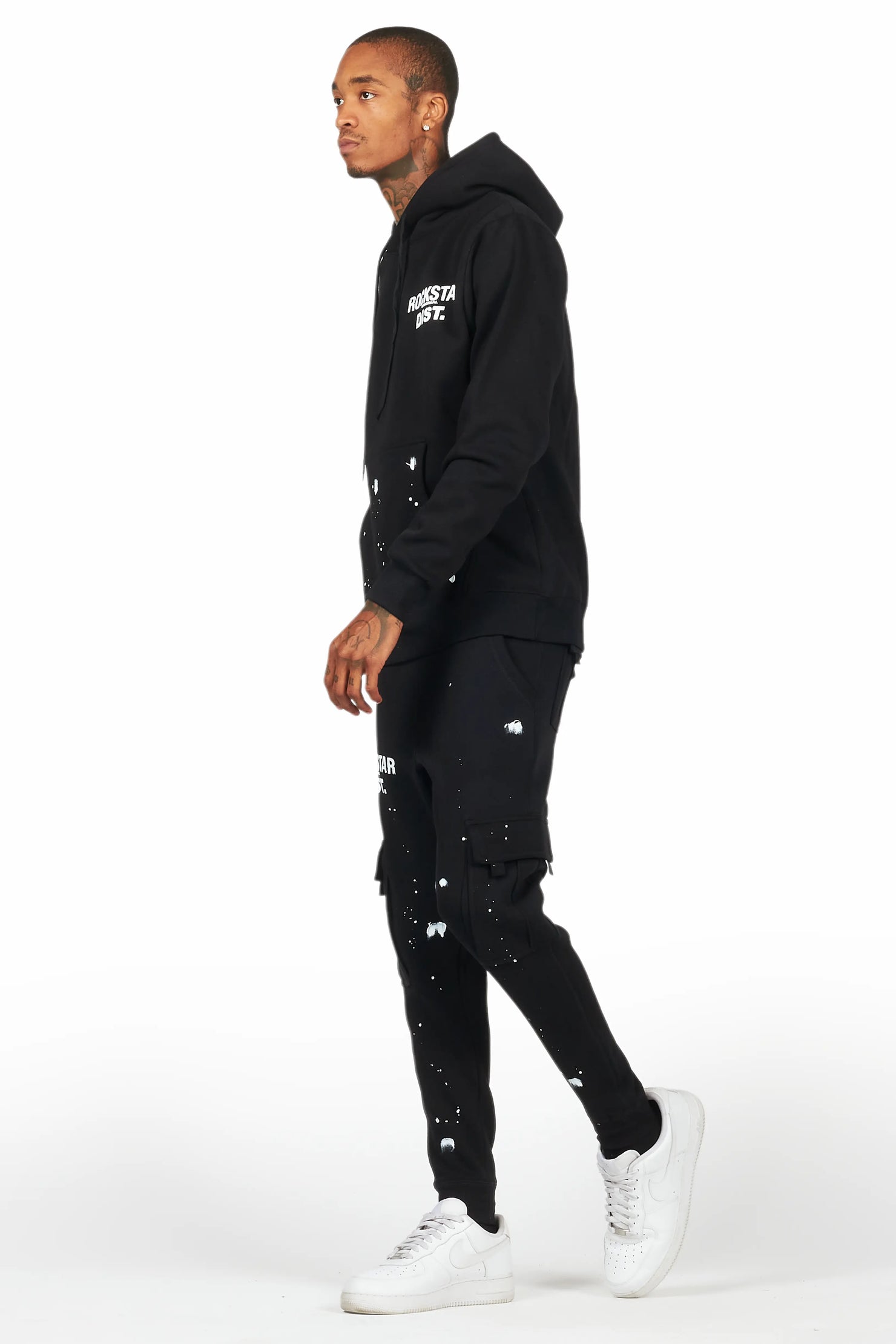 Raffer Black Hoodie/Jogger Cargo Sweat Pant Set