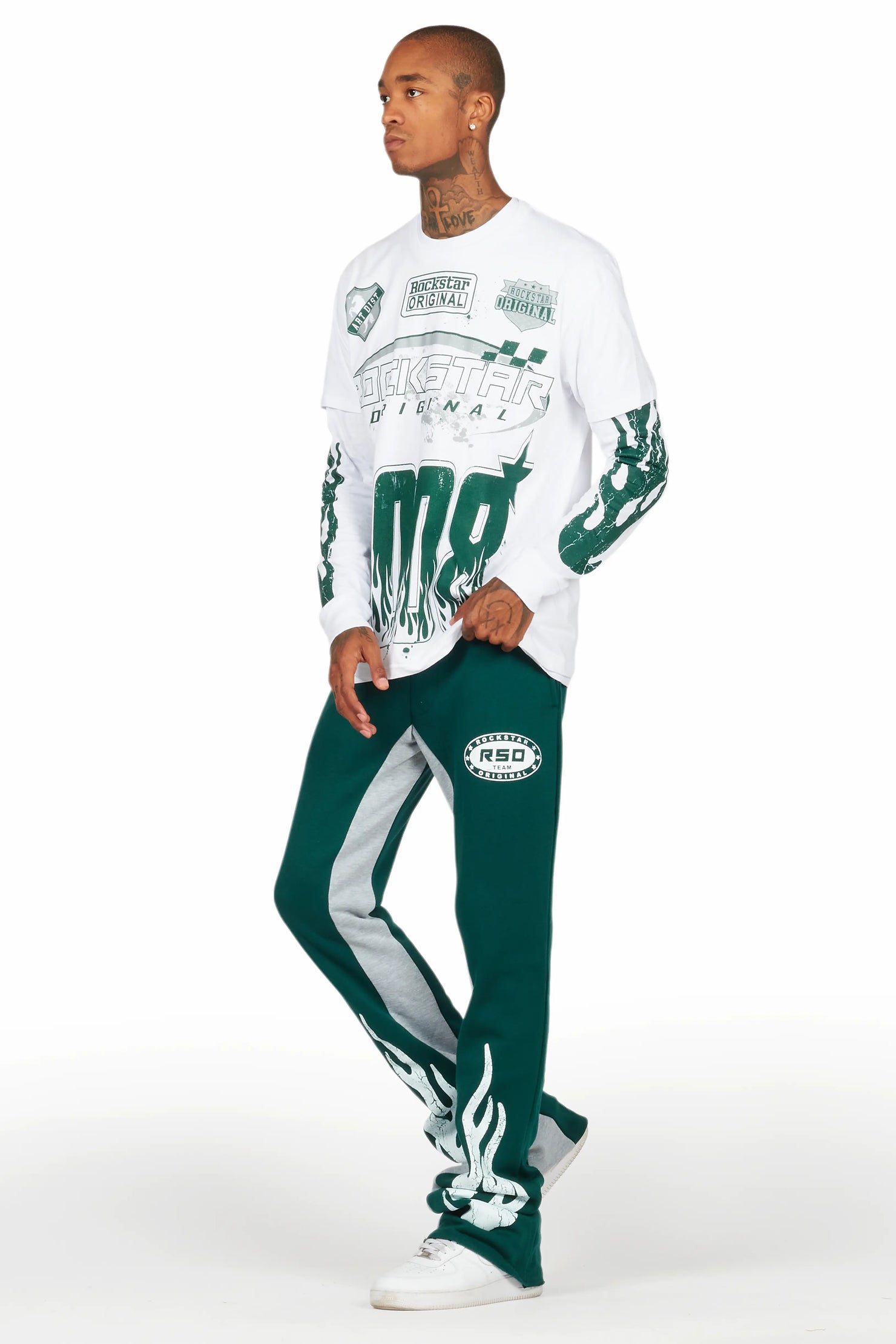 Amos White/Green Double Layer T-Shirt/Stacked Baggy Pant Set