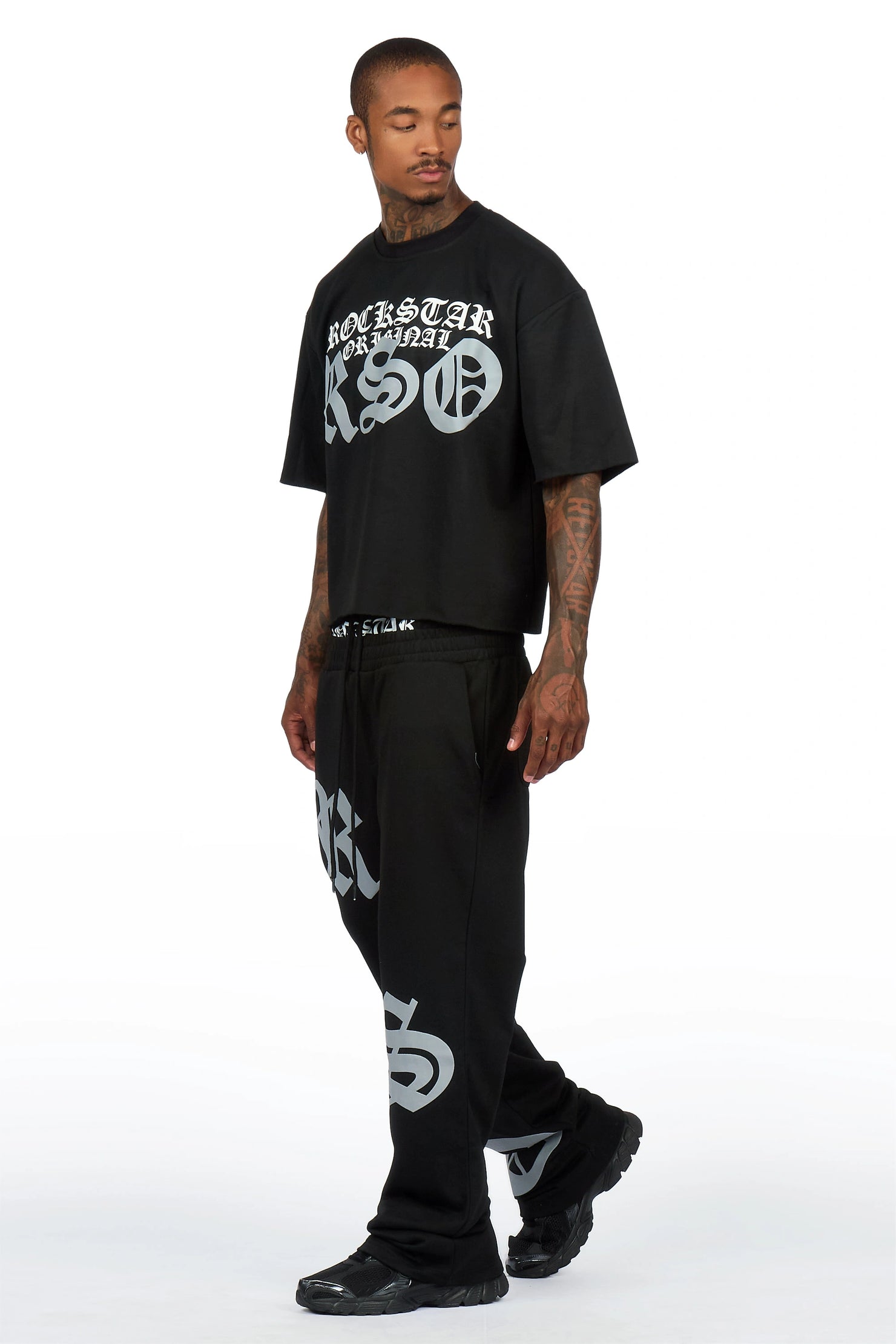 Burke Black Chenille Patch Boxy Tee/Double Waistband Pant Track Set