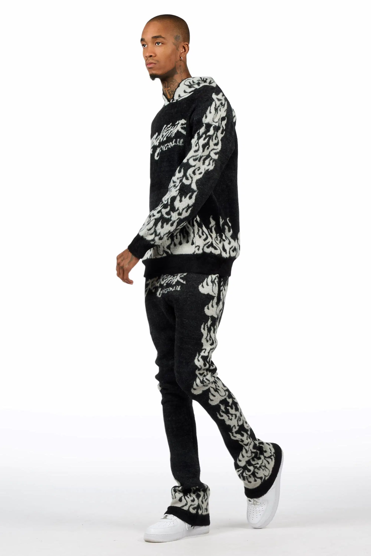 Yash Black Hoodie Stacked Flare Track Set