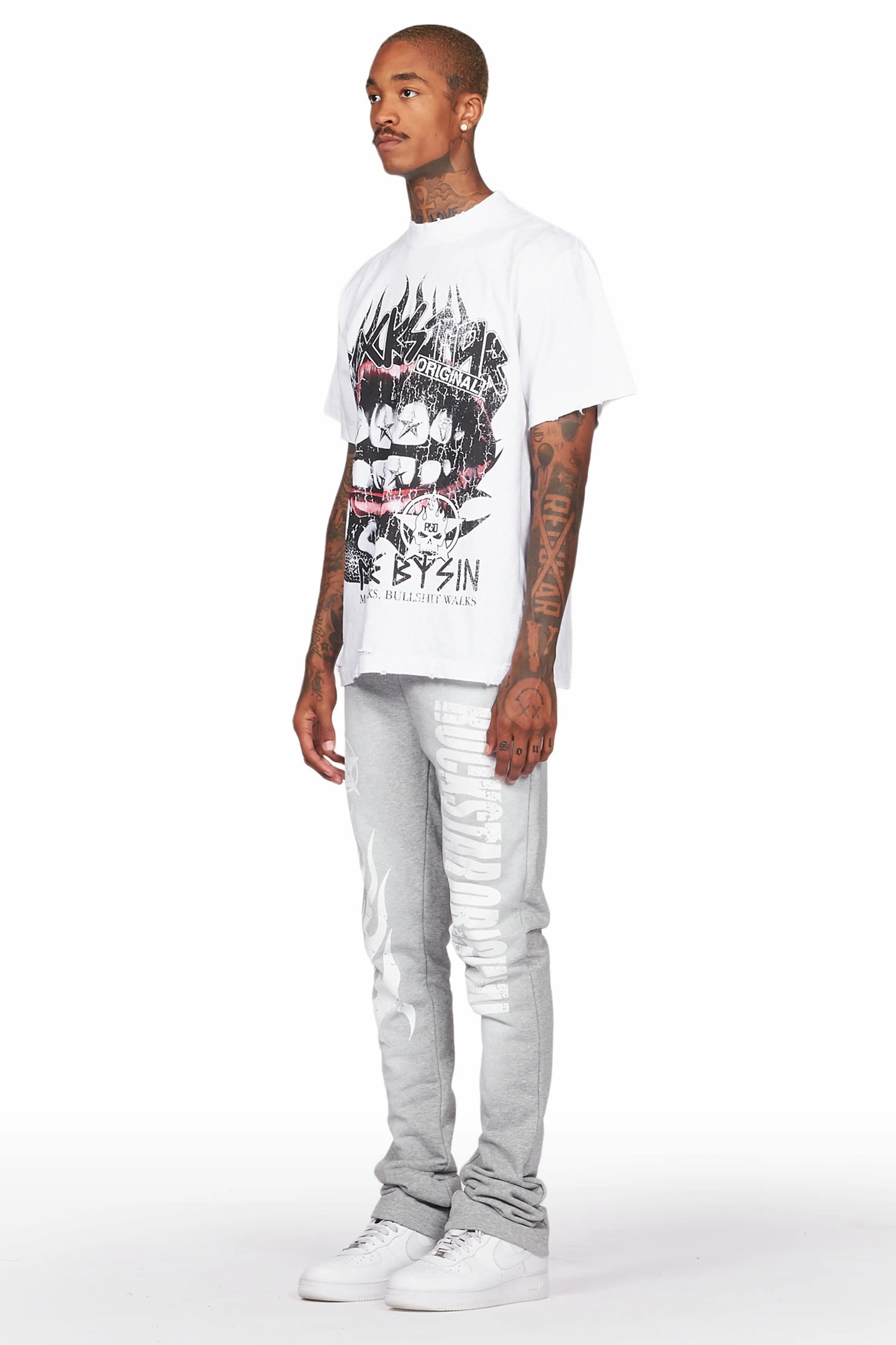 Vadim White/Grey Oversize T-Shirt/Stacked Flare Track Set
