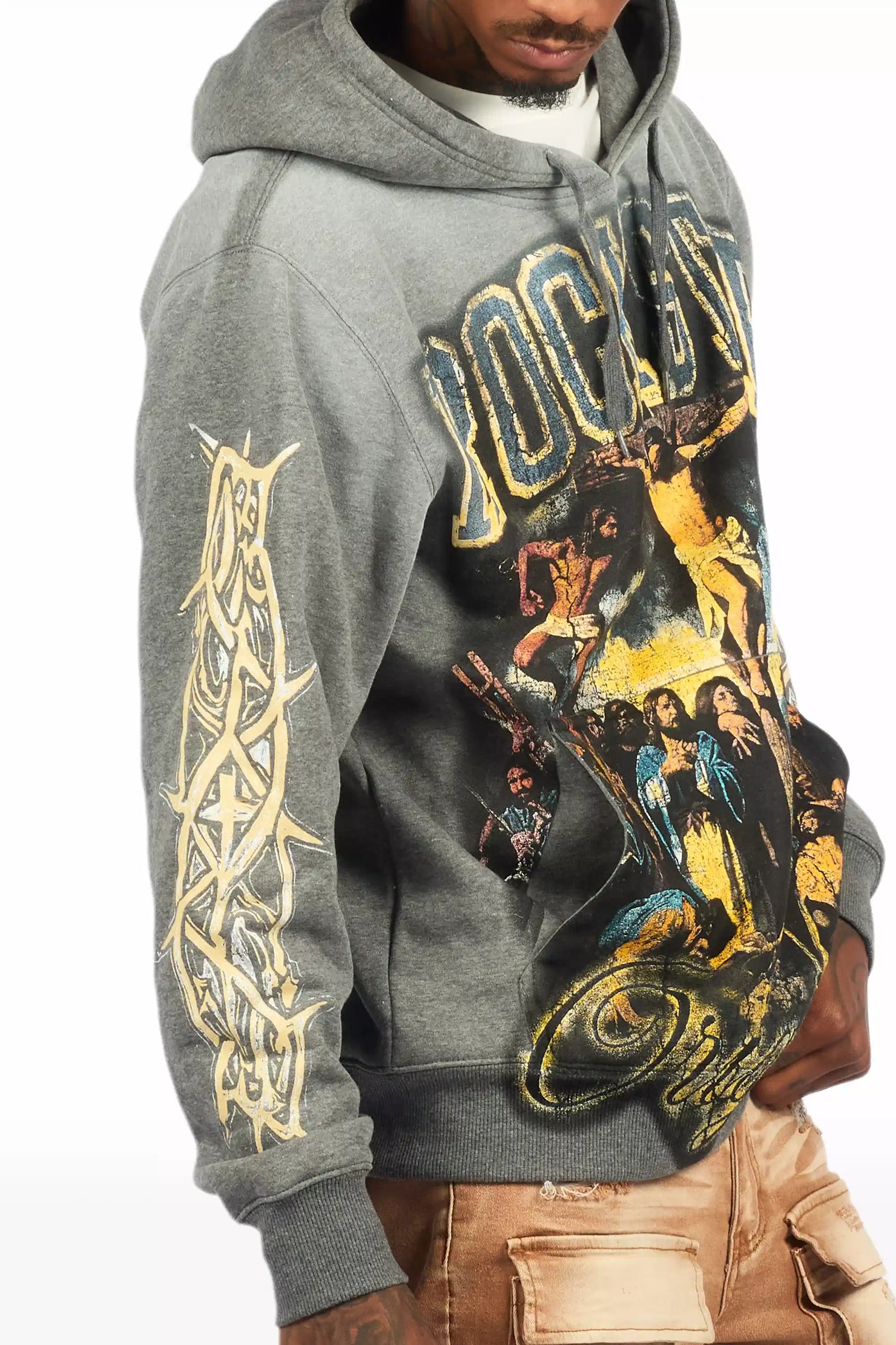 Waller Heather Grey Graphic Distressed Hoodie