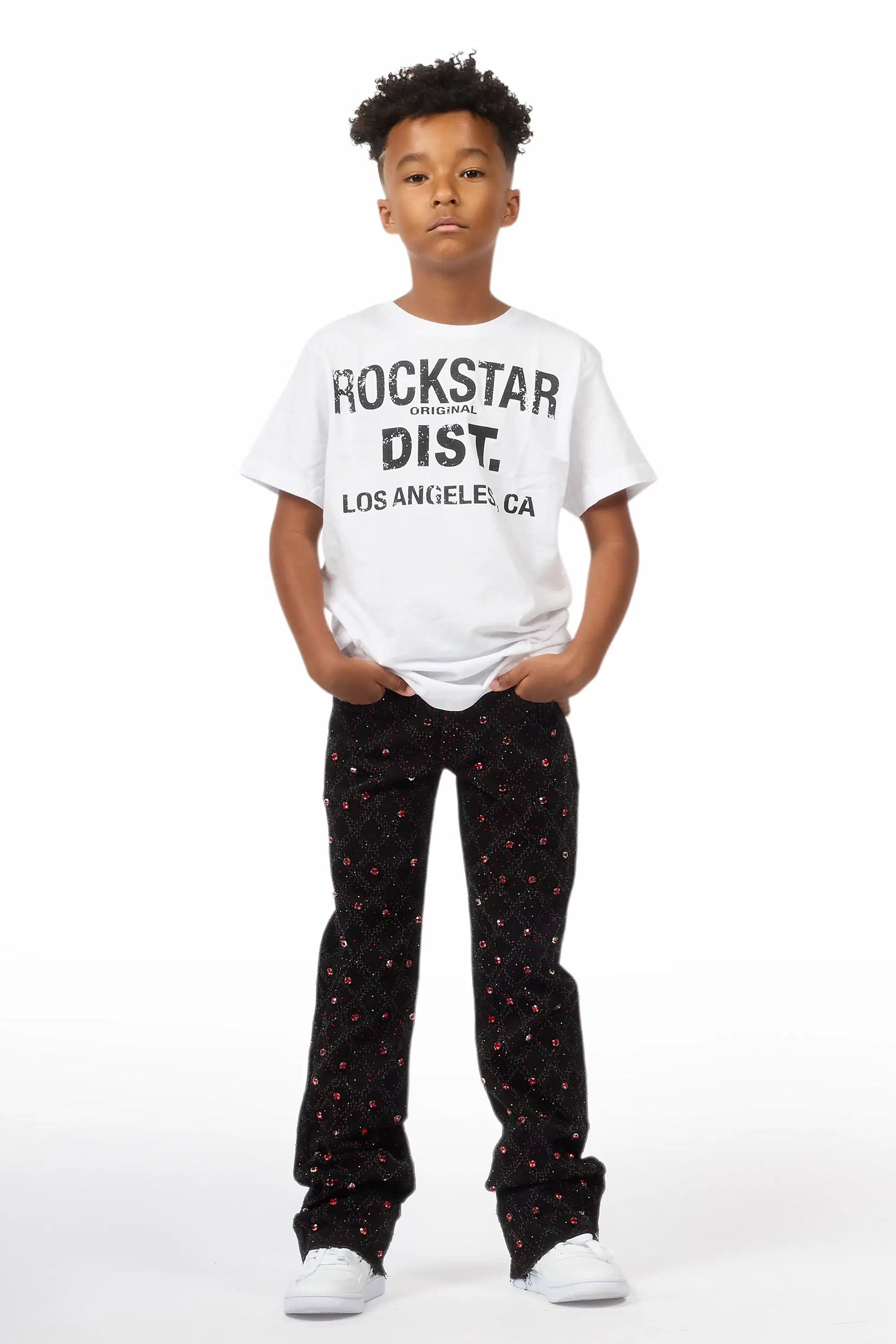 Boys Glit Black/Red Rhinestone Stacked Flare Jean