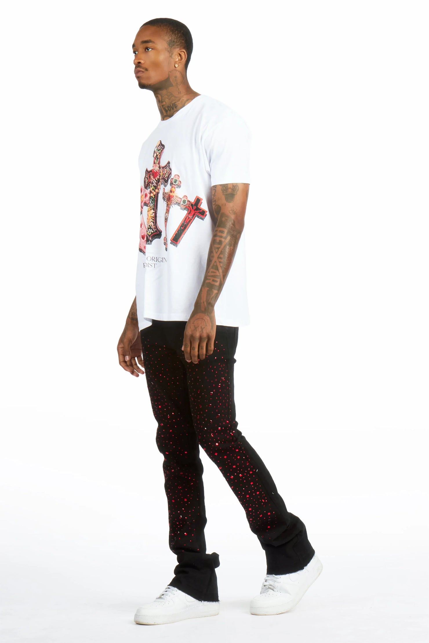 Xirel White/Black Oversized Graphic T-Shirt & Twinkle Rhinestone Stacked Flare Jean Set