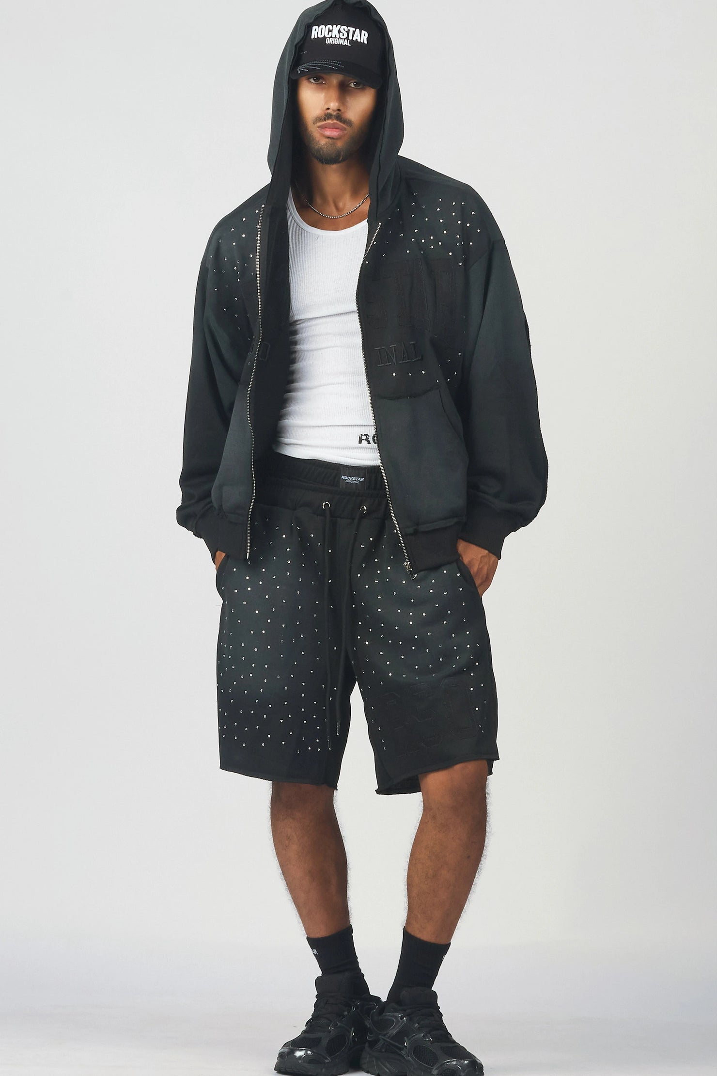 Akila Black Rhinestone Hoodie Double Waisted Short Set