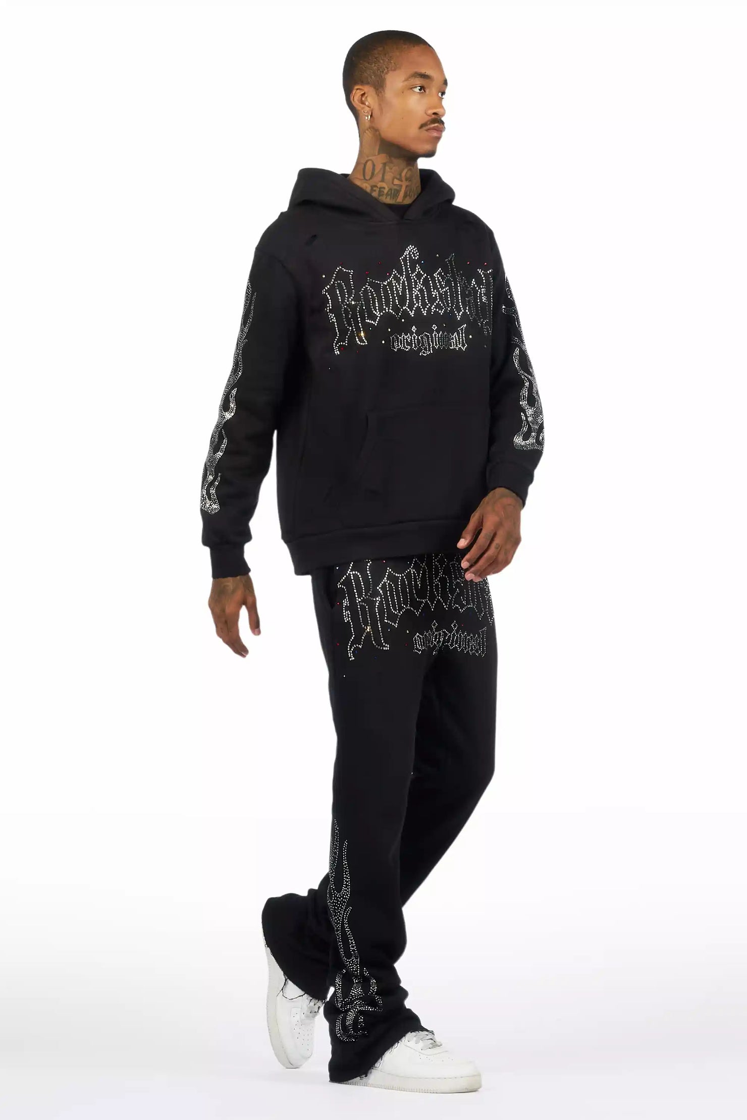 Mares Black Rhinestone Hoodie Relaxed Track Set