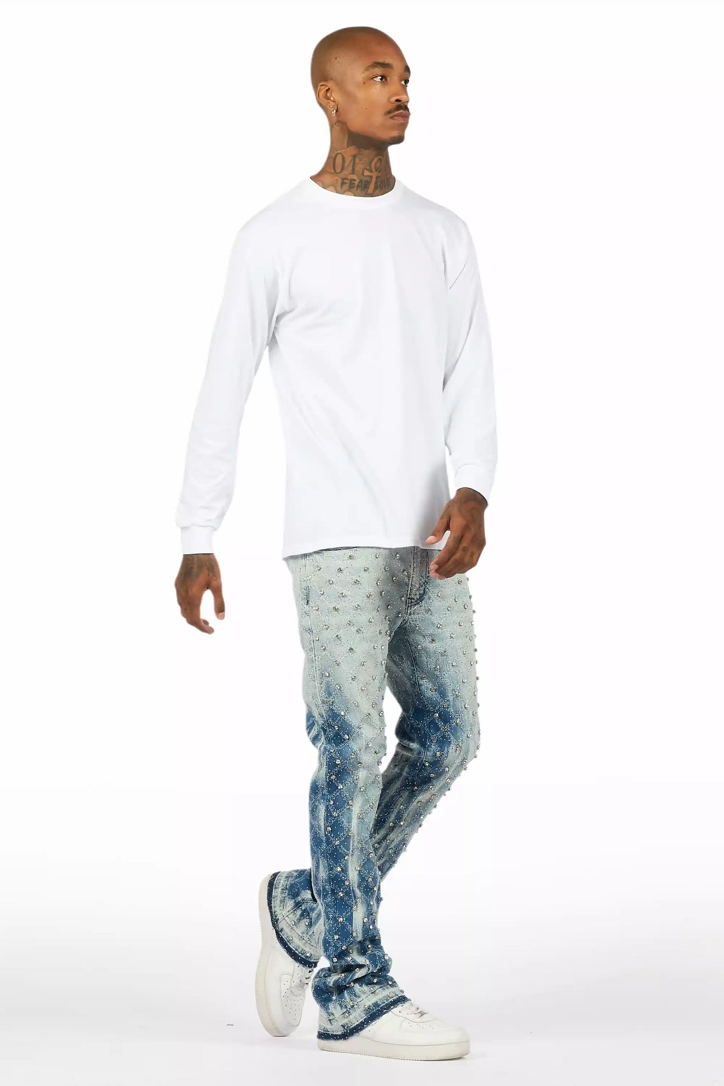 Glit Blue Rhinestone Stacked Flare Jean