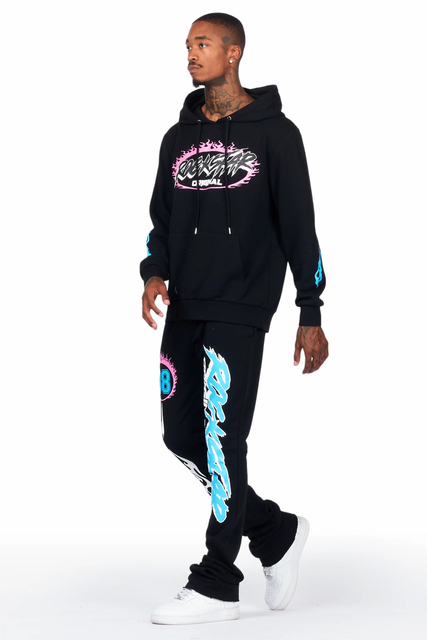 Draven Black Hoodie/Stacked Flare Track Pant Set