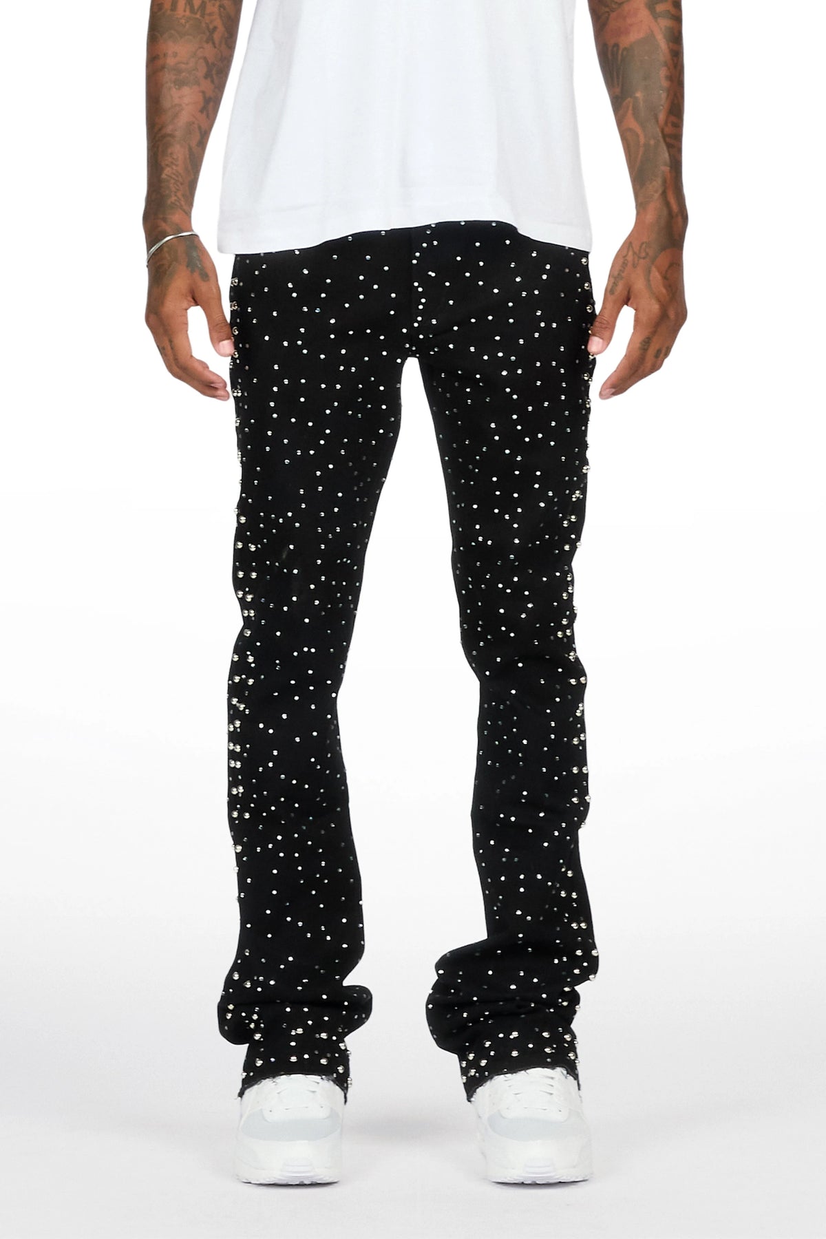 Miller Jet Black Rhinestone Studded Stacked Flare Jean