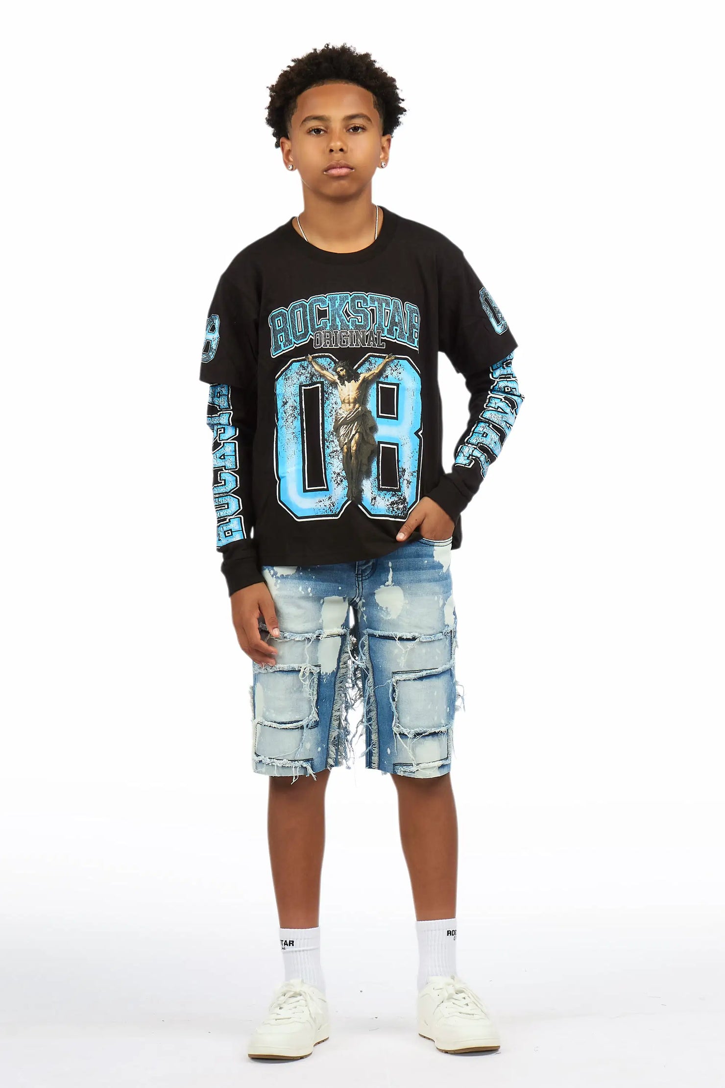 Boys Fieban Black/Blue Double Layer T-Shirt/Denim Short Set