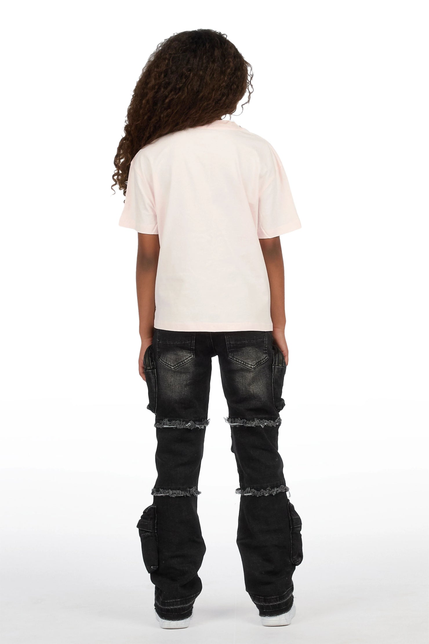 Girls Effigia Light Pink/Dark Grey T-Shirt Stacked Jean Set
