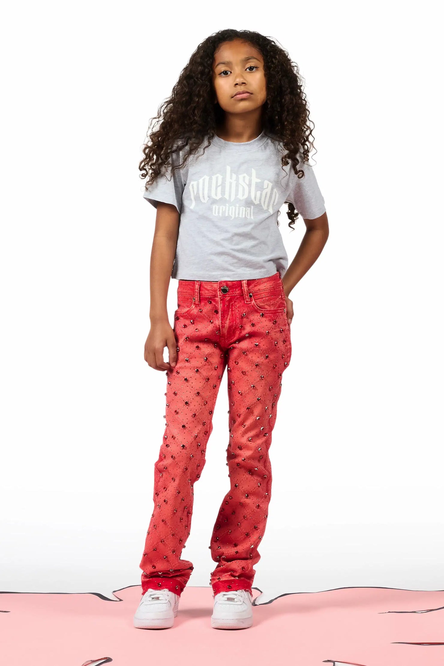 Girls Glit Red Rhinestone Stacked Flare Jean
