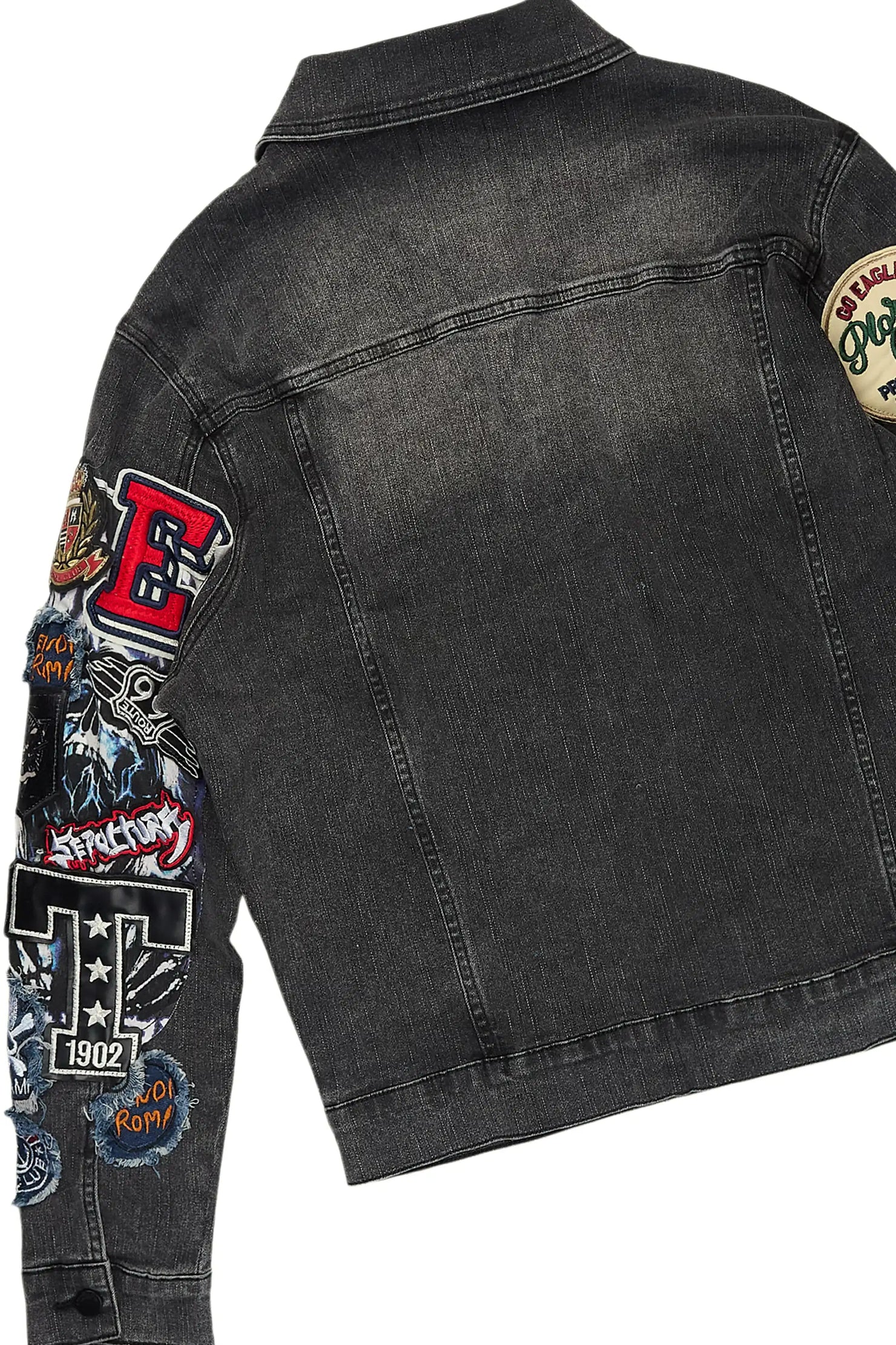 Espan Dark Grey Denim Jacket/Stacked Flare Jean Set