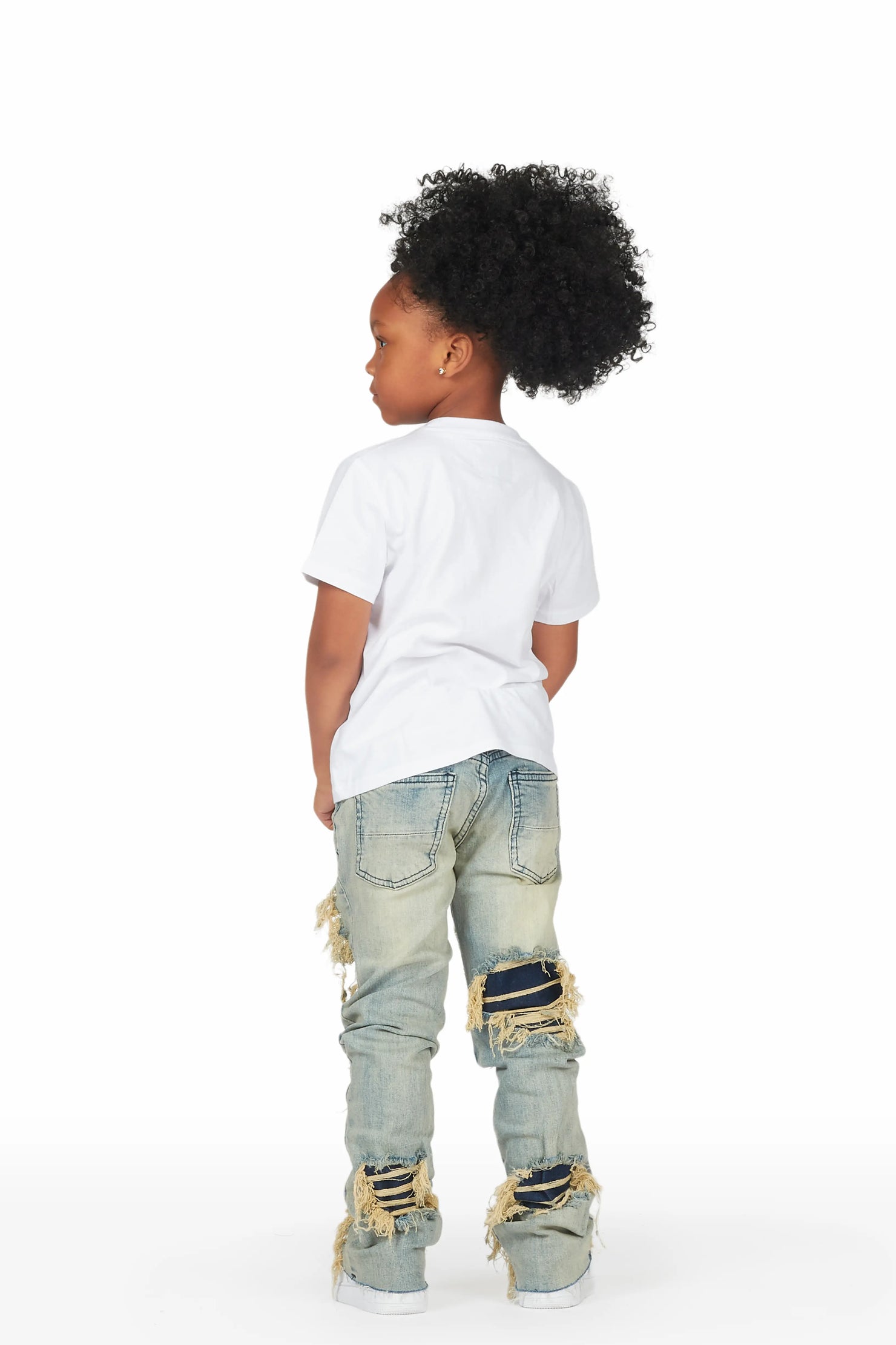 Girls Indie White/Blue T-Shirt/Stacked Flare Jean Set